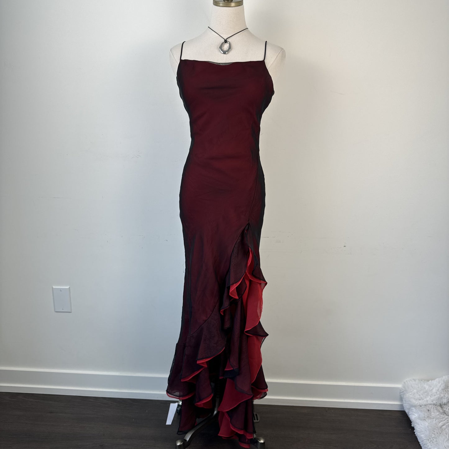 Vintage 90s Red and Black Chiffon Mesh Overlay Ruffled Maxi Dress