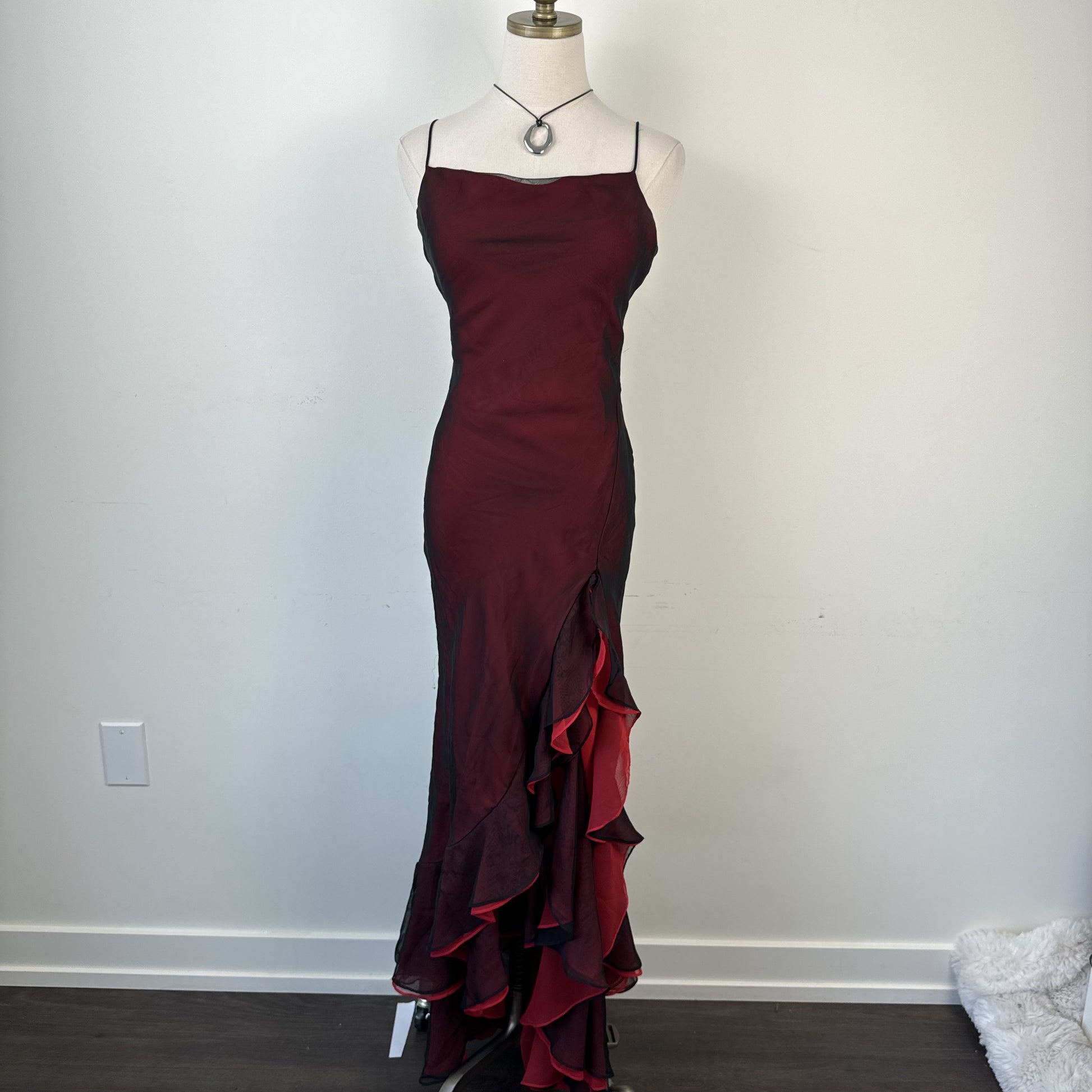 Vintage 90s Red and Black Chiffon Mesh Overlay Ruffled Maxi Dress – view 2