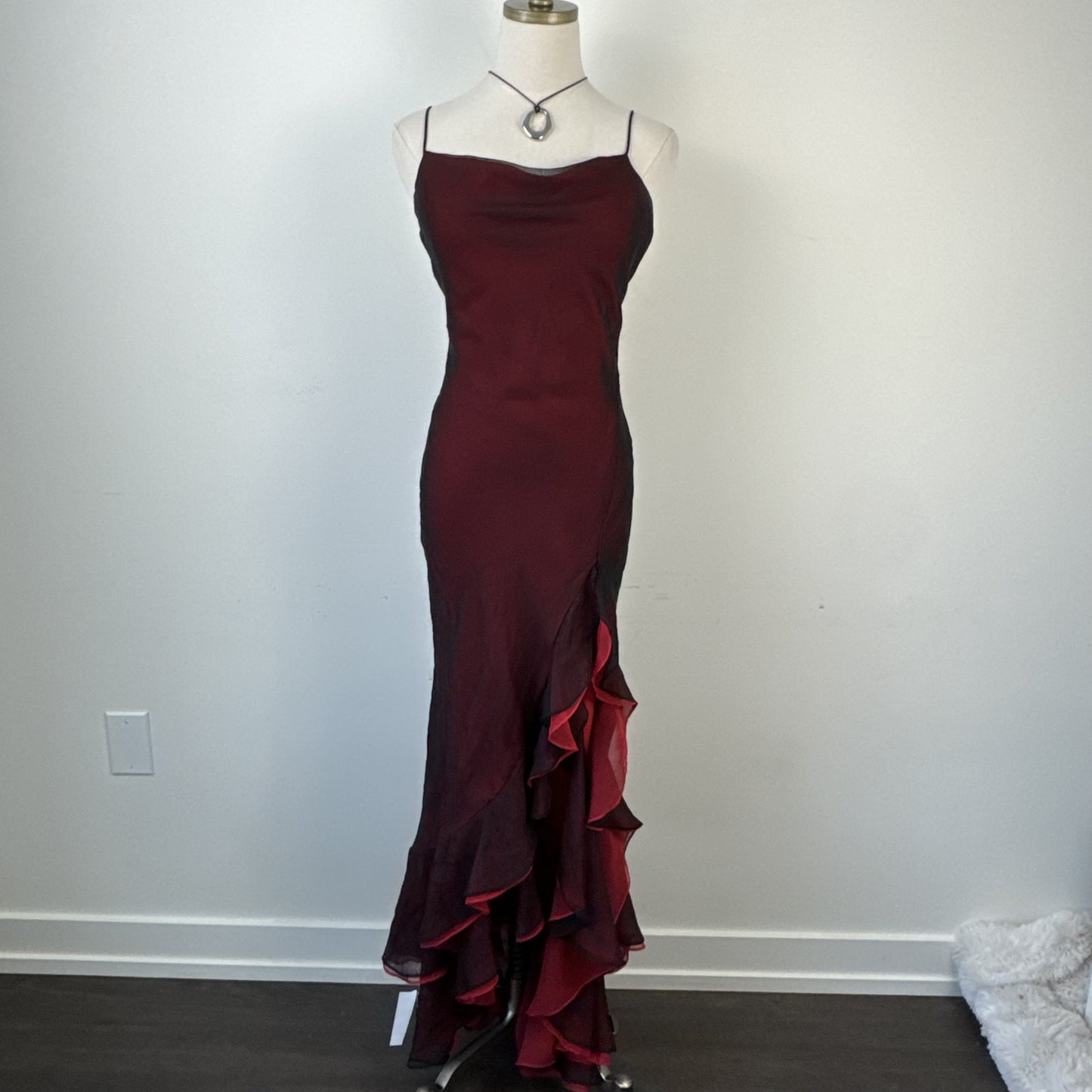 Vintage 90s Red and Black Chiffon Mesh Overlay Ruffled Maxi Dress – view 3