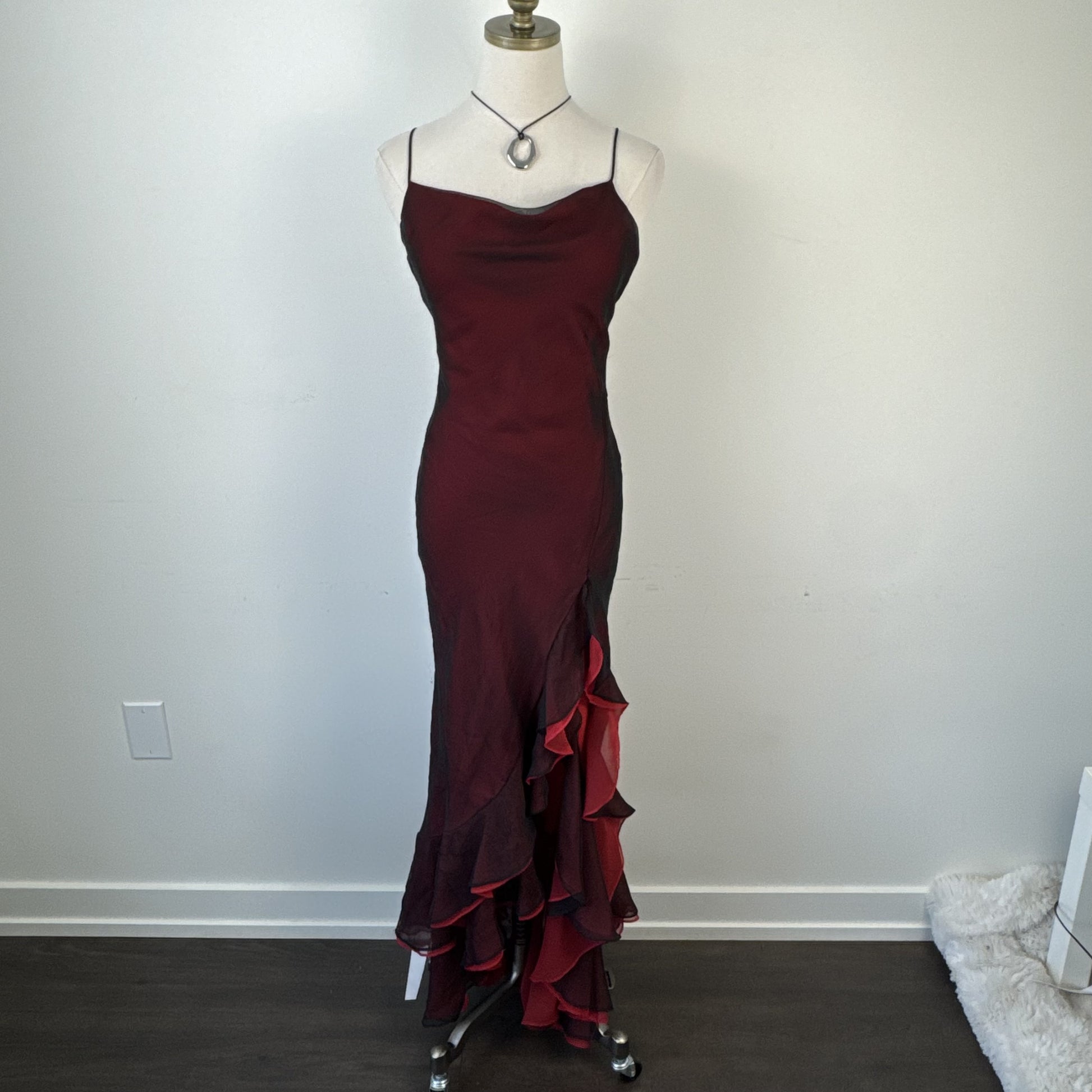 Vintage 90s Red and Black Chiffon Mesh Overlay Ruffled Maxi Dress – view 4