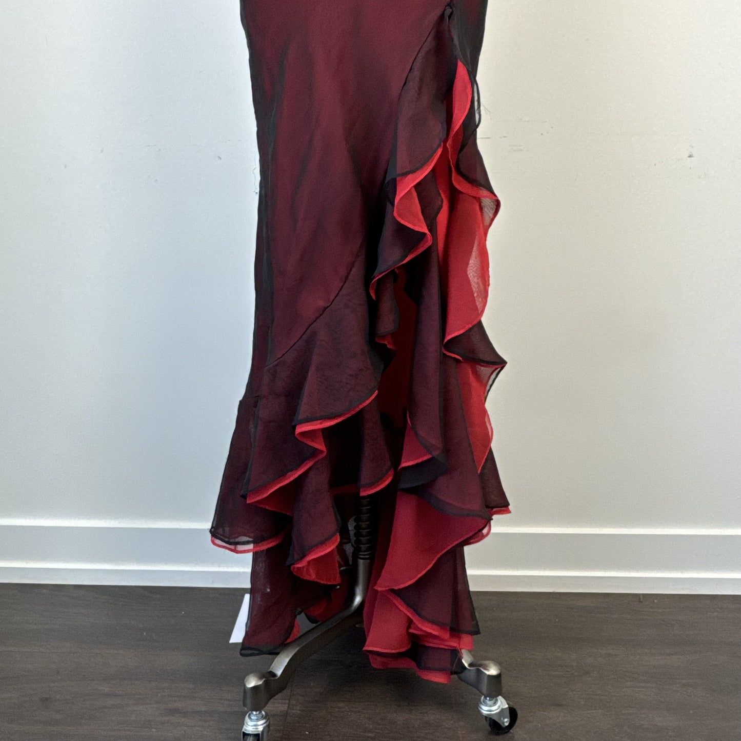 Vintage 90s Red and Black Chiffon Mesh Overlay Ruffled Maxi Dress – view 10