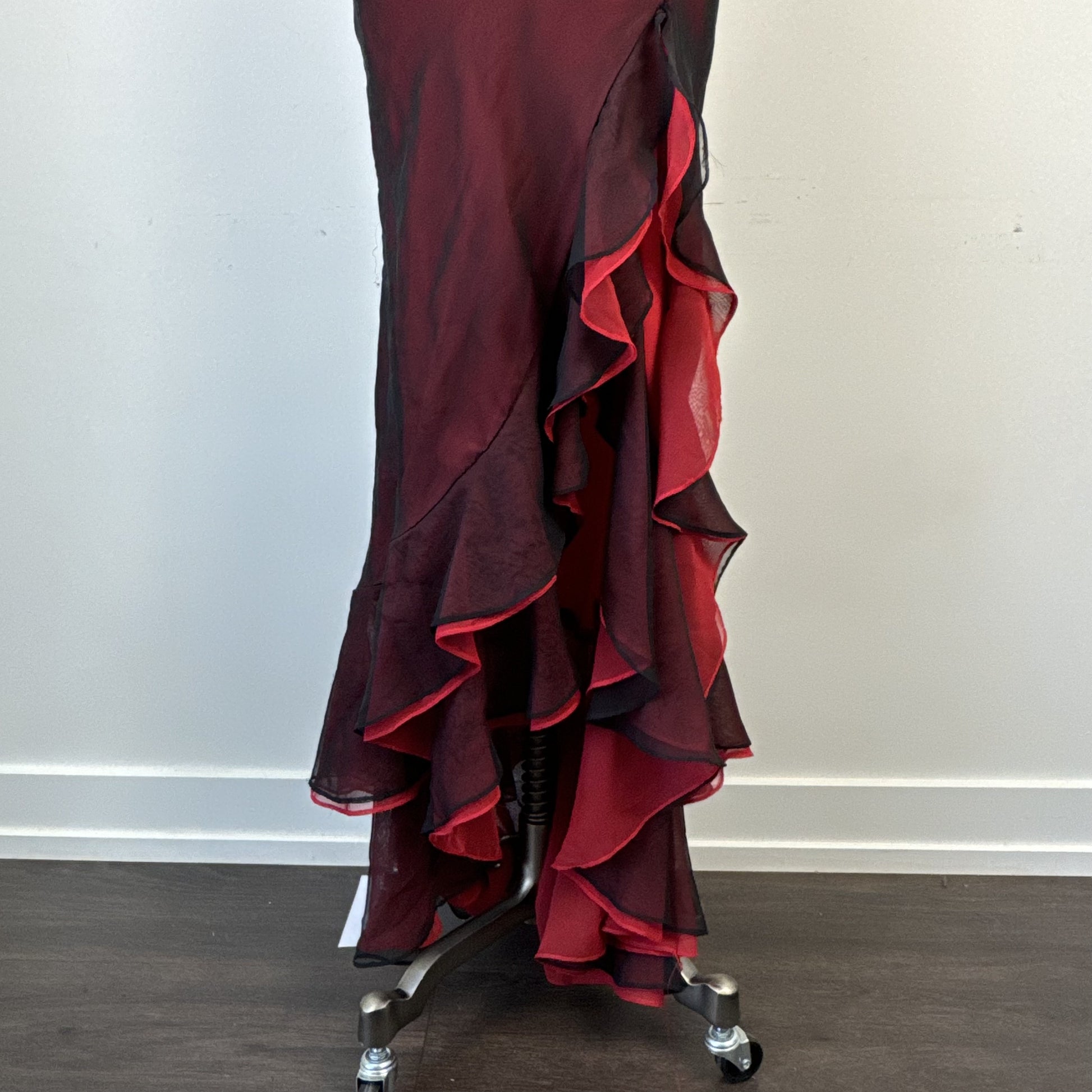Vintage 90s Red and Black Chiffon Mesh Overlay Ruffled Maxi Dress – view 10