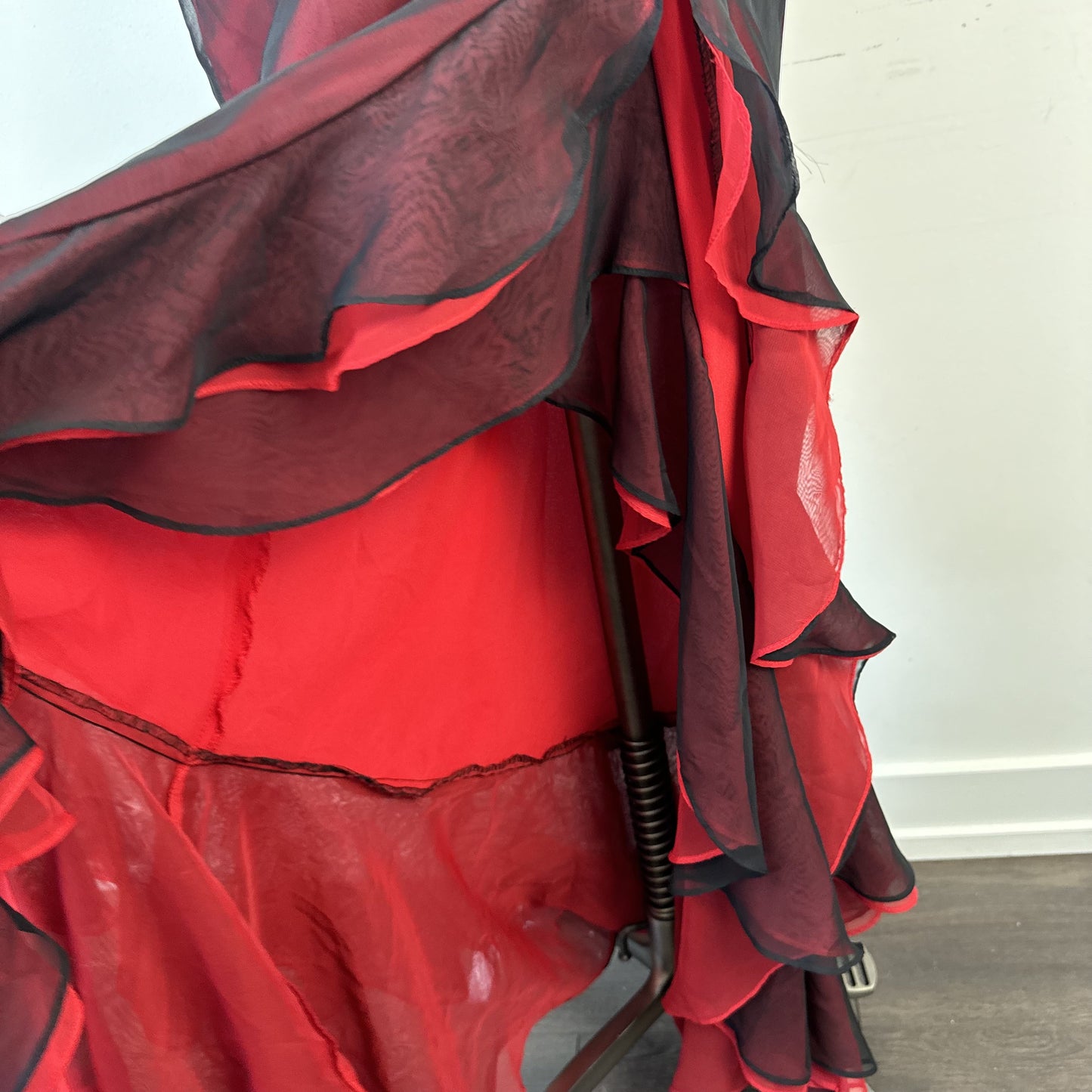 Vintage 90s Red and Black Chiffon Mesh Overlay Ruffled Maxi Dress – view 11