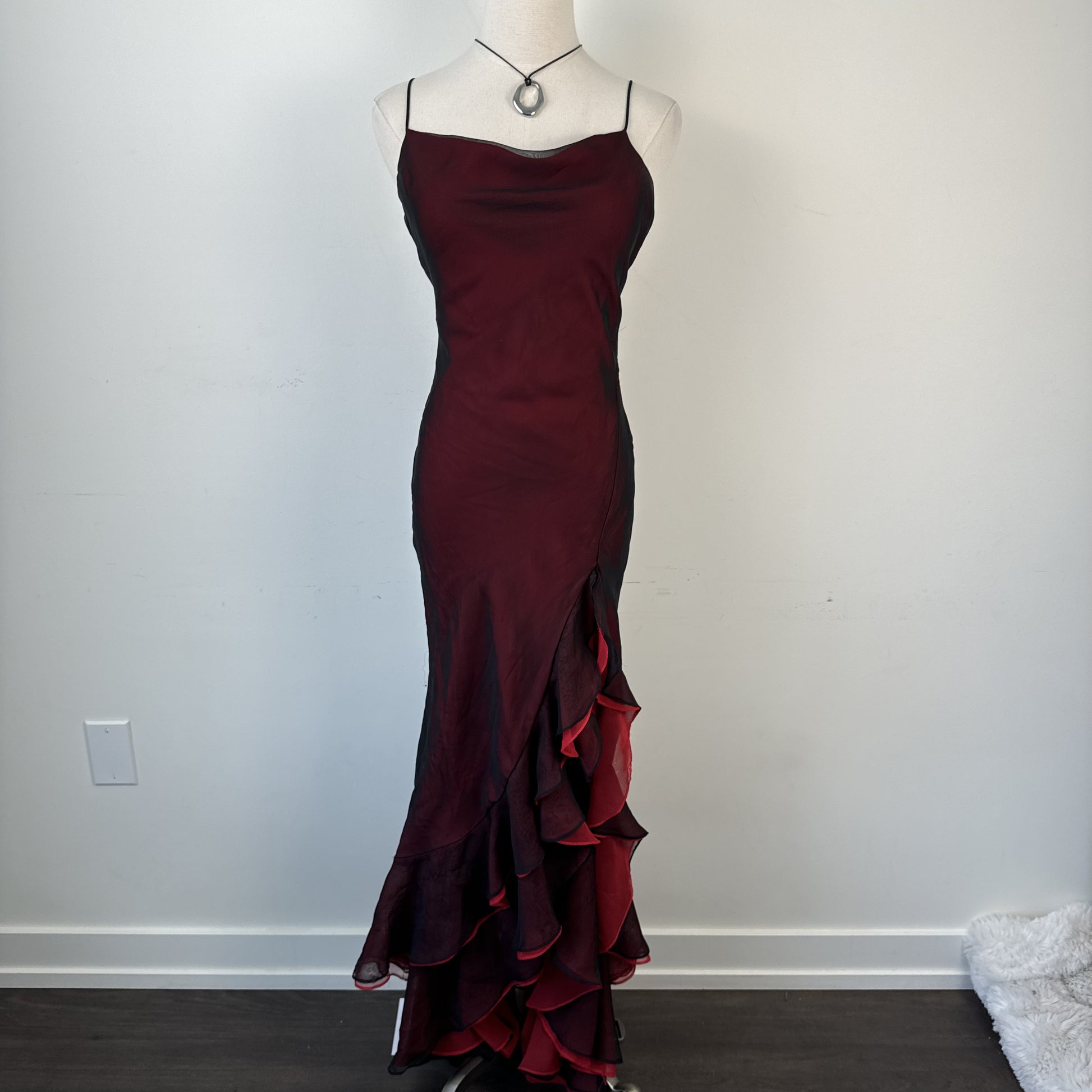 Vintage 90s Red and Black Chiffon Mesh Overlay Ruffled Maxi Dress – view 6