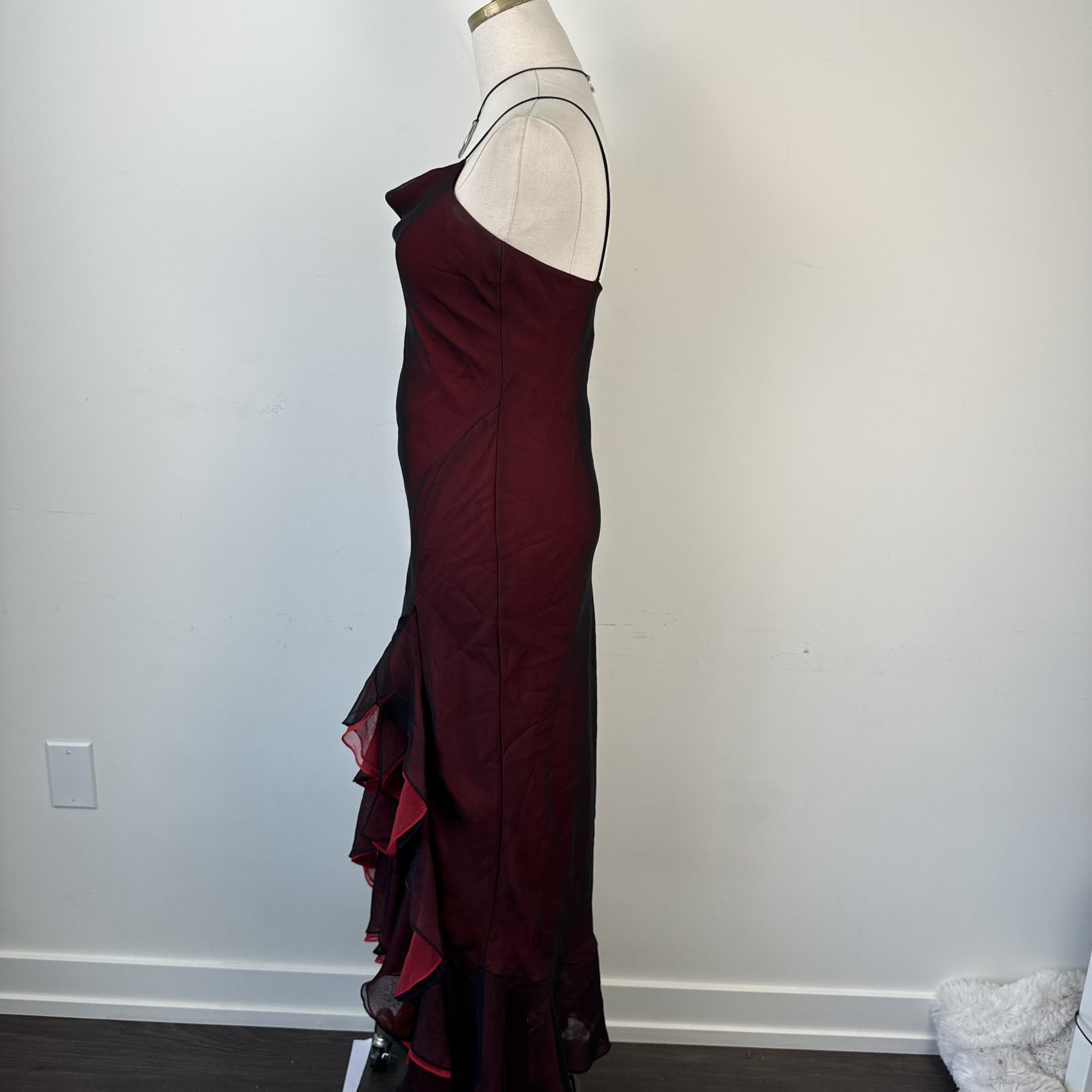 Vintage 90s Red and Black Chiffon Mesh Overlay Ruffled Maxi Dress – view 7