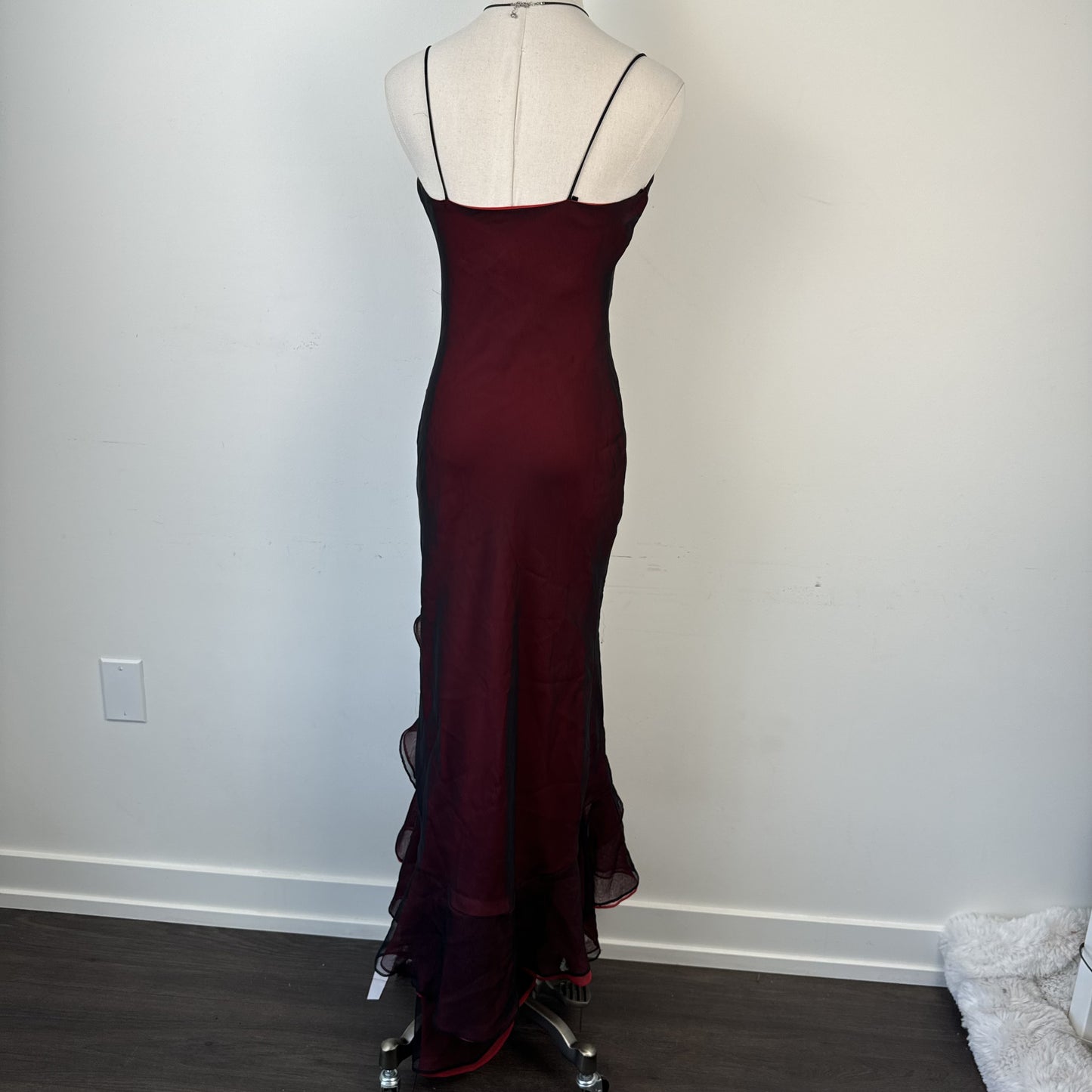 Vintage 90s Red and Black Chiffon Mesh Overlay Ruffled Maxi Dress – view 8