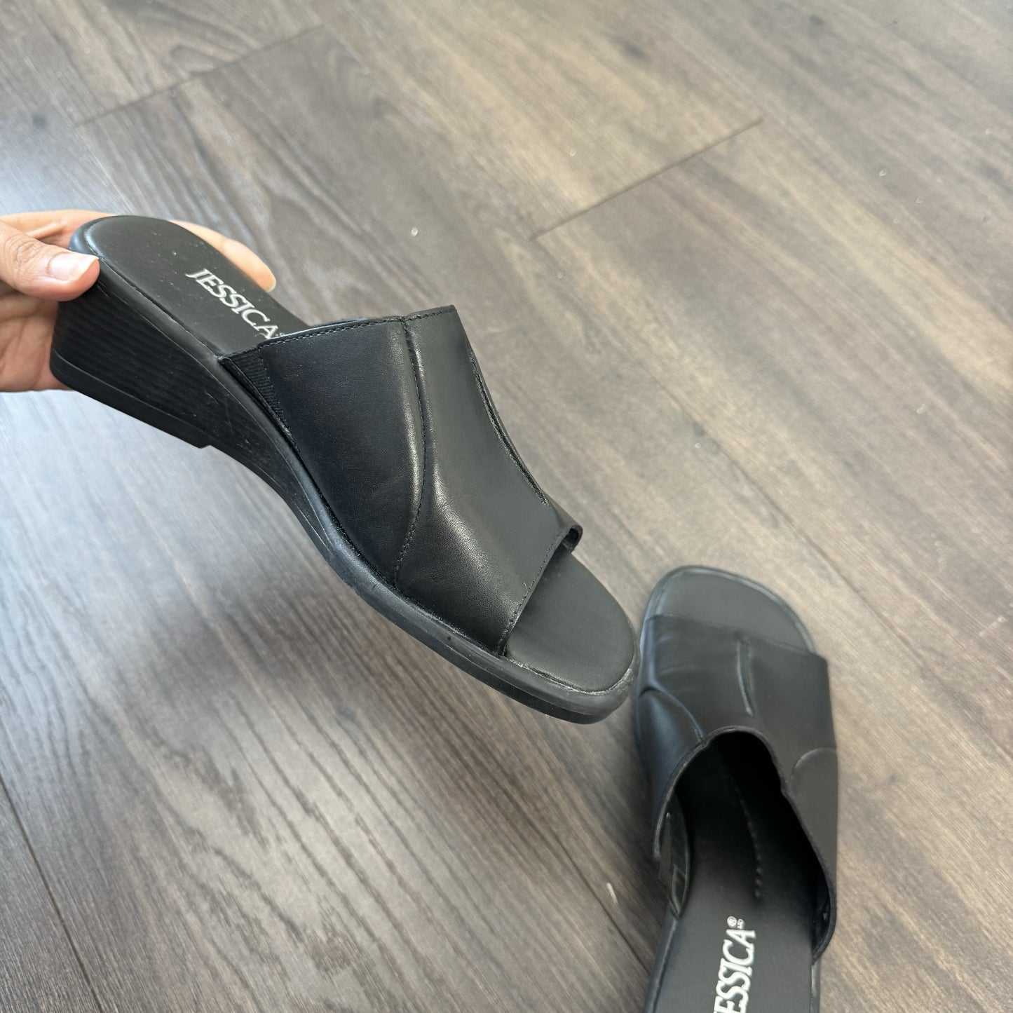 Vintage Black Jesscia Leather Wedge Sandals – view 3