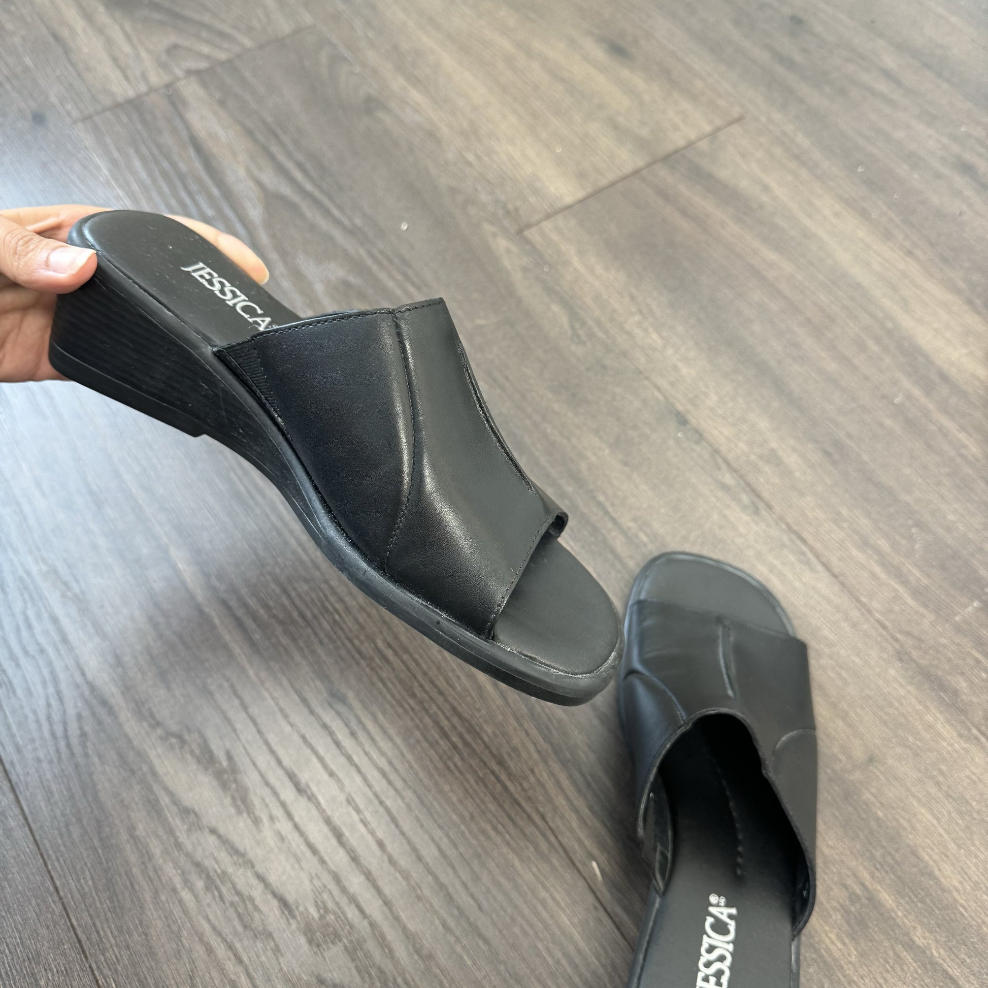 Vintage Black Jesscia Leather Wedge Sandals – view 3