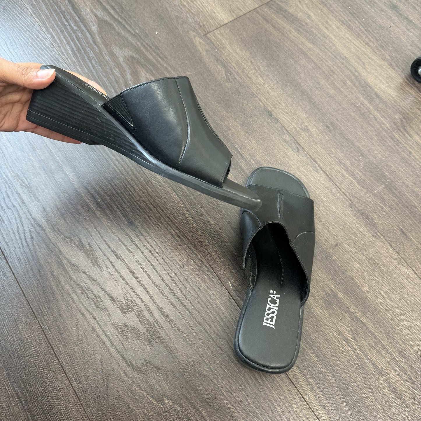 Vintage Black Jesscia Leather Wedge Sandals – view 4