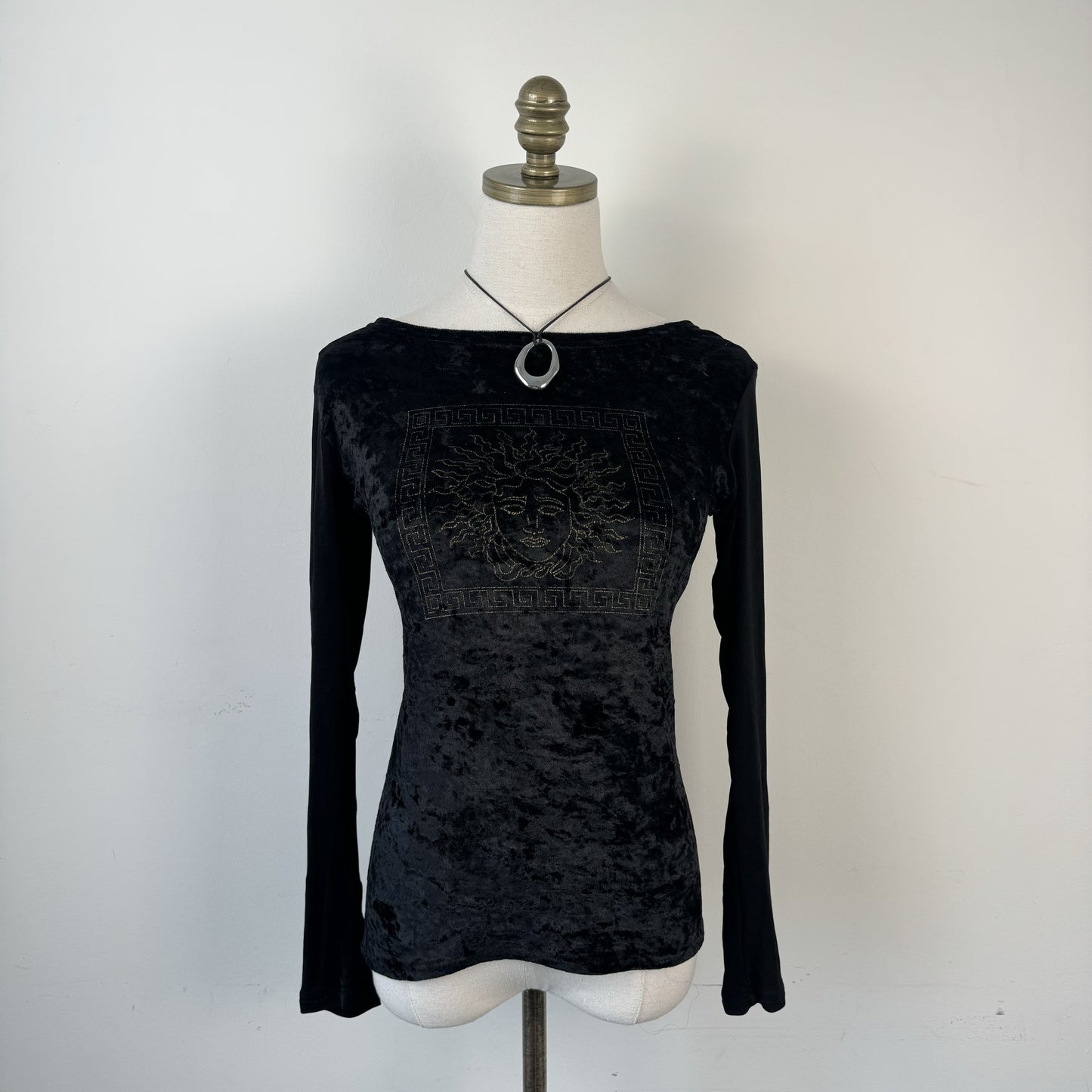 Vintage Black Velvet Medusa Graphic Boat Neck Long Sleeve Top