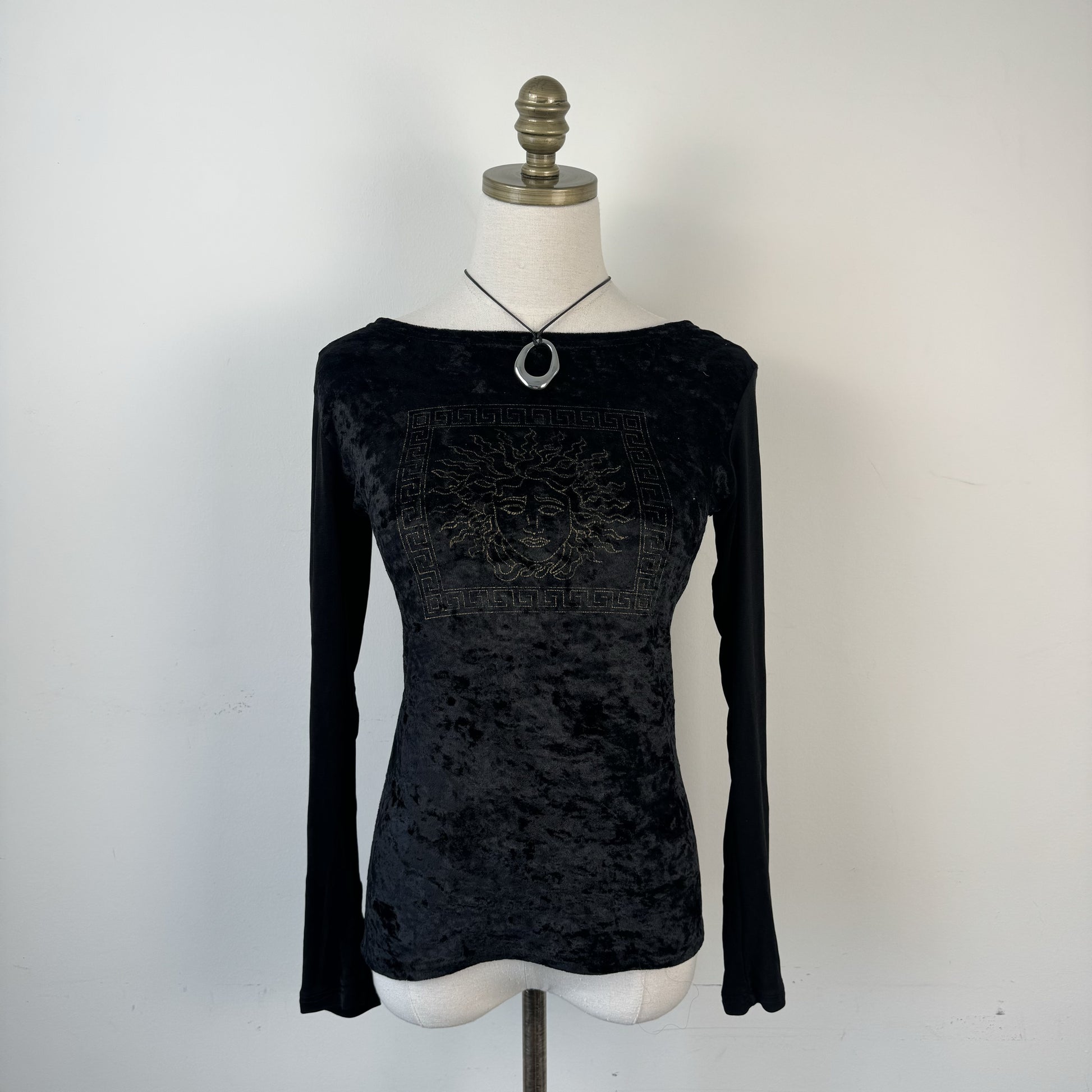 Vintage Black Velvet Medusa Graphic Boat Neck Long Sleeve Top