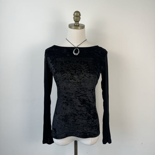 Vintage Black Velvet Medusa Graphic Boat Neck Long Sleeve Top