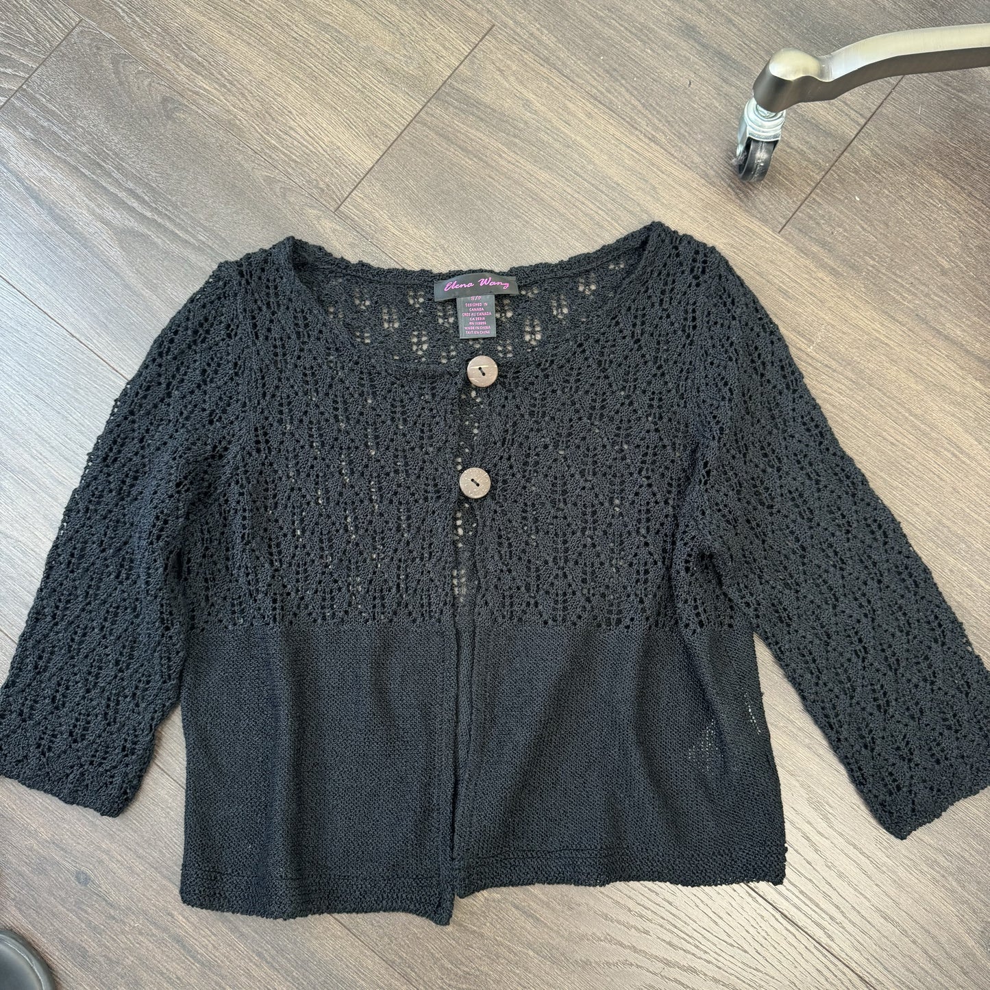 Vintage Black Open Knit 3/4 Sleeve Button-Up Cardigan – view 7