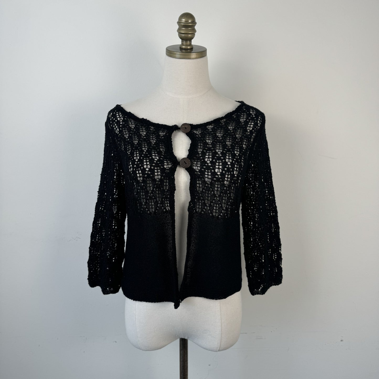 Vintage Black Open Knit 3/4 Sleeve Button-Up Cardigan