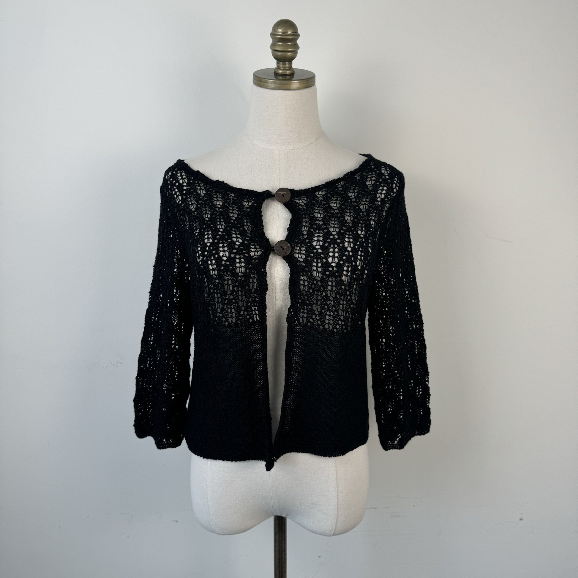Vintage Black Open Knit 3/4 Sleeve Button-Up Cardigan