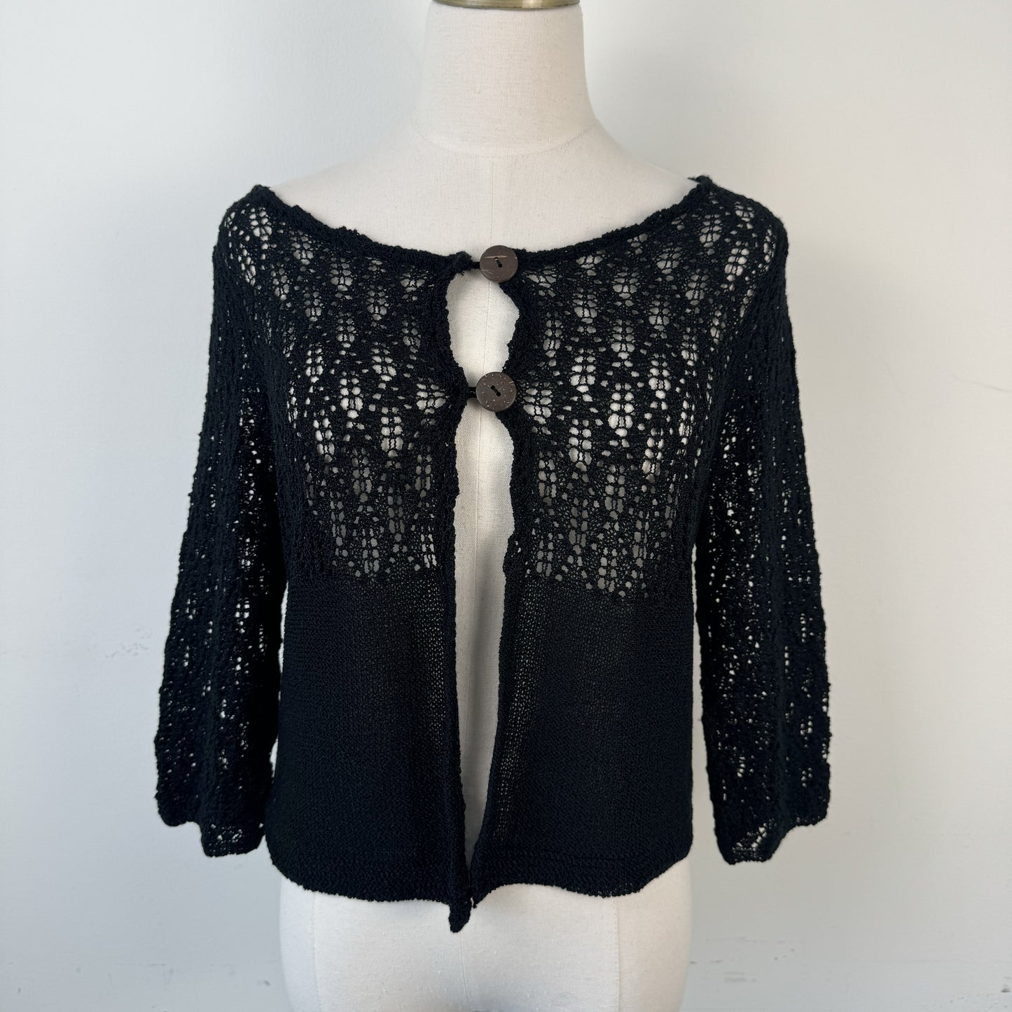 Vintage Black Open Knit 3/4 Sleeve Button-Up Cardigan – view 2