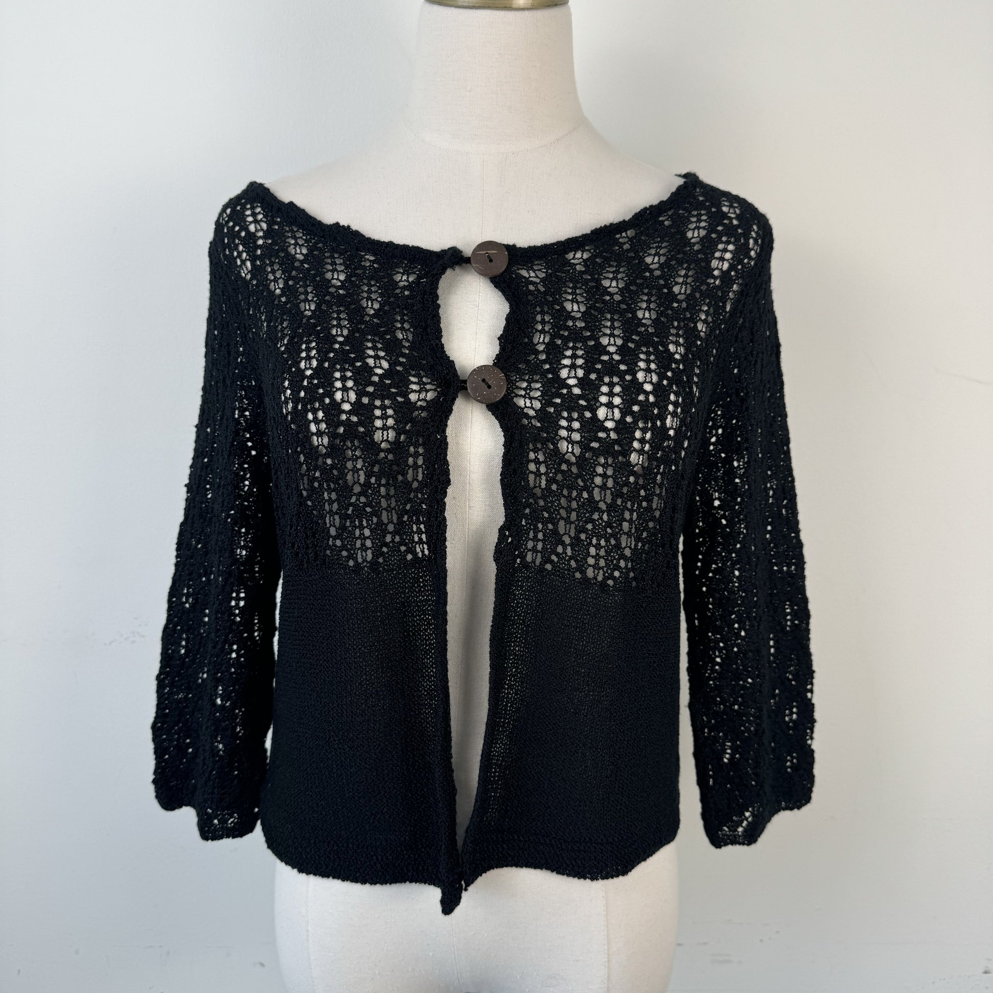 Vintage Black Open Knit 3/4 Sleeve Button-Up Cardigan – view 2