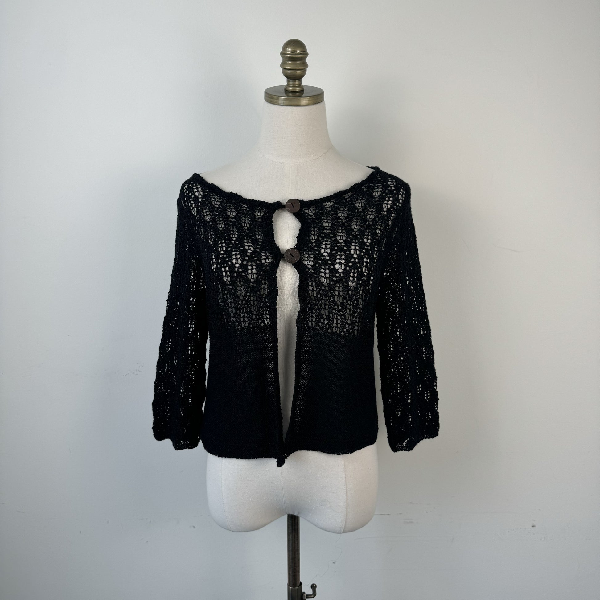 Vintage Black Open Knit 3/4 Sleeve Button-Up Cardigan – view 3
