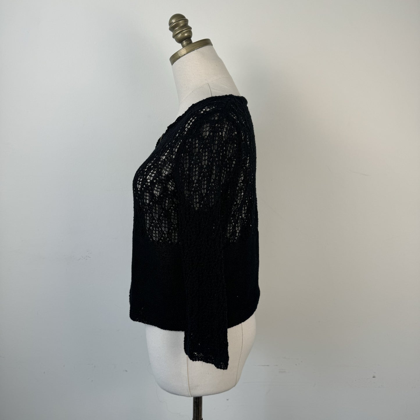 Vintage Black Open Knit 3/4 Sleeve Button-Up Cardigan – view 4