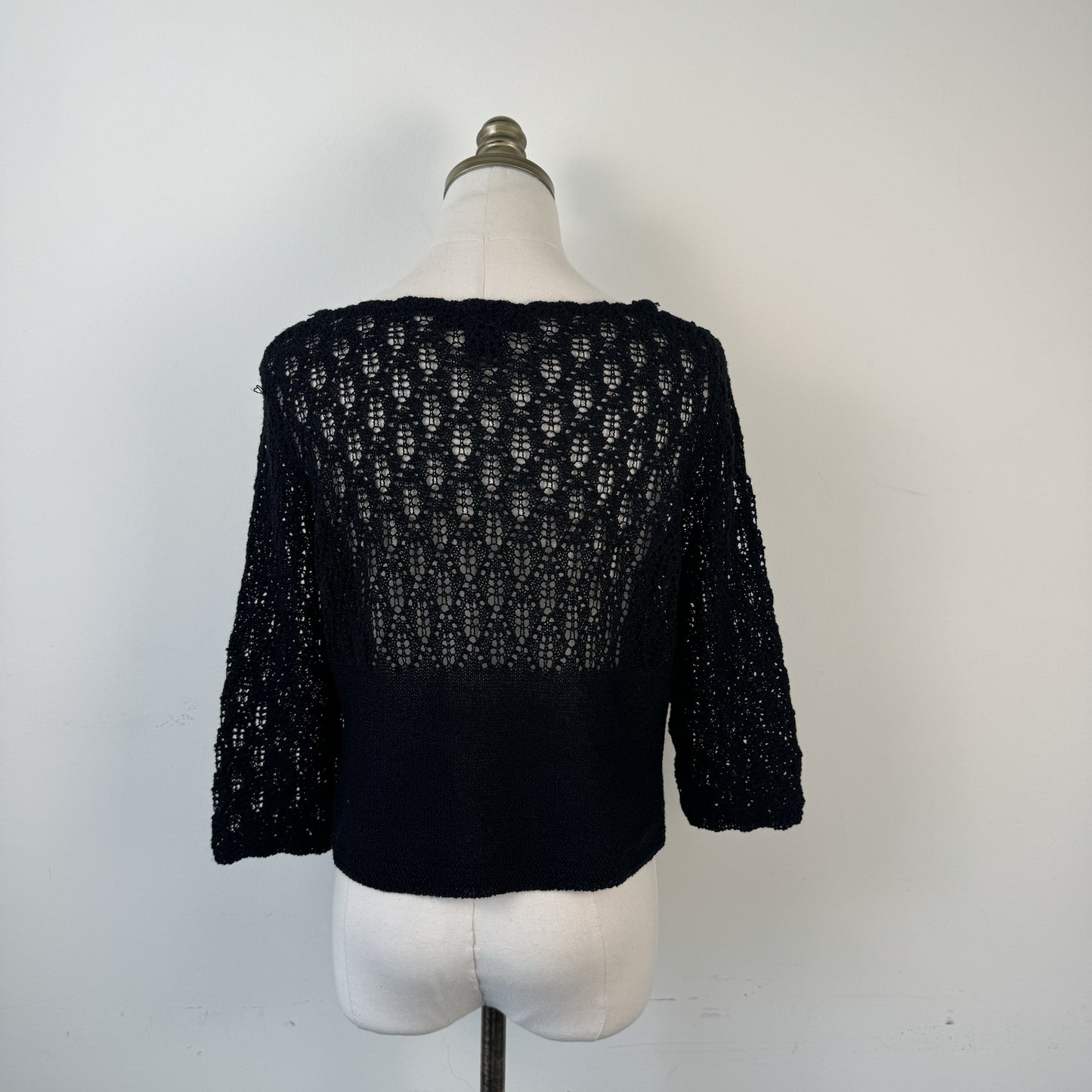 Vintage Black Open Knit 3/4 Sleeve Button-Up Cardigan – view 5