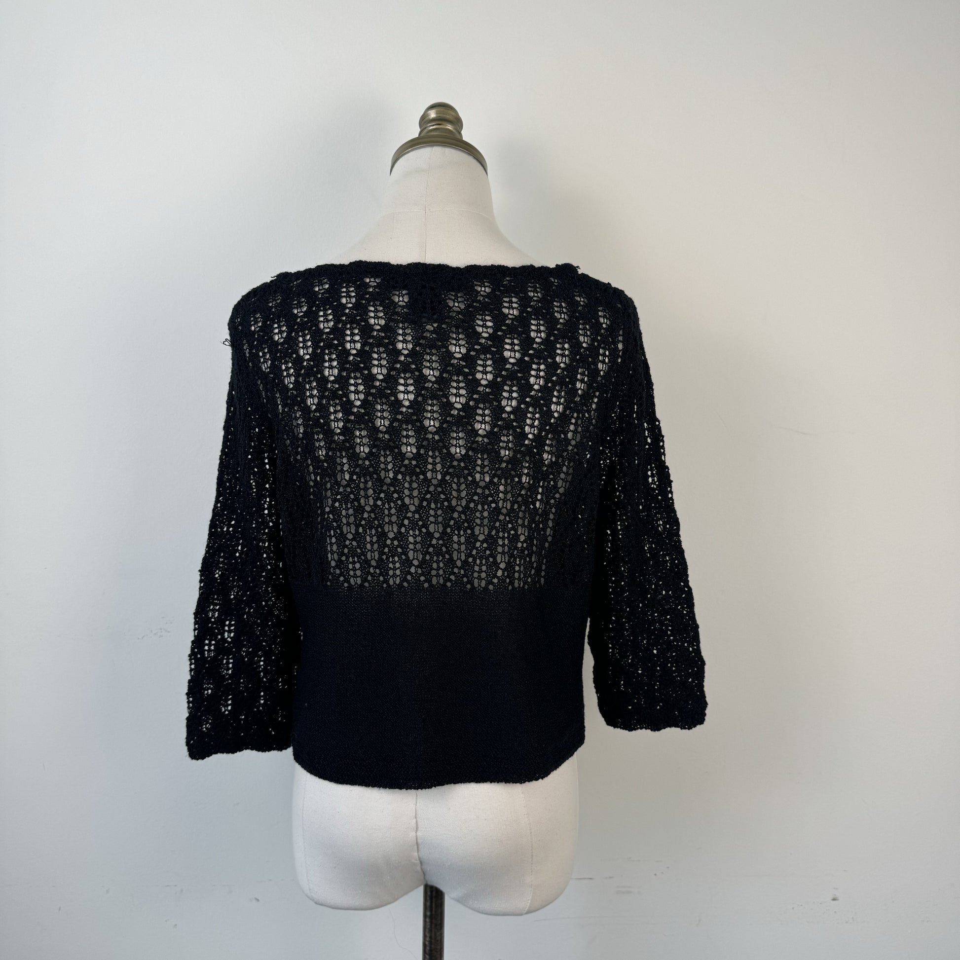 Vintage Black Open Knit 3/4 Sleeve Button-Up Cardigan – view 5