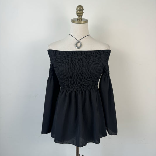 Vintage Off Shoulder Bell Sleeve Ruched Fitted Top