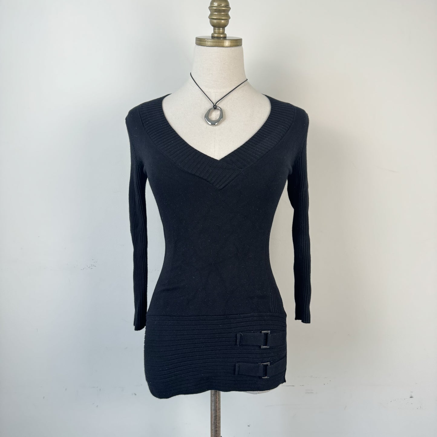 Le Chateau Black Fitted V-Neck Sweater with Buckle Waist Detail