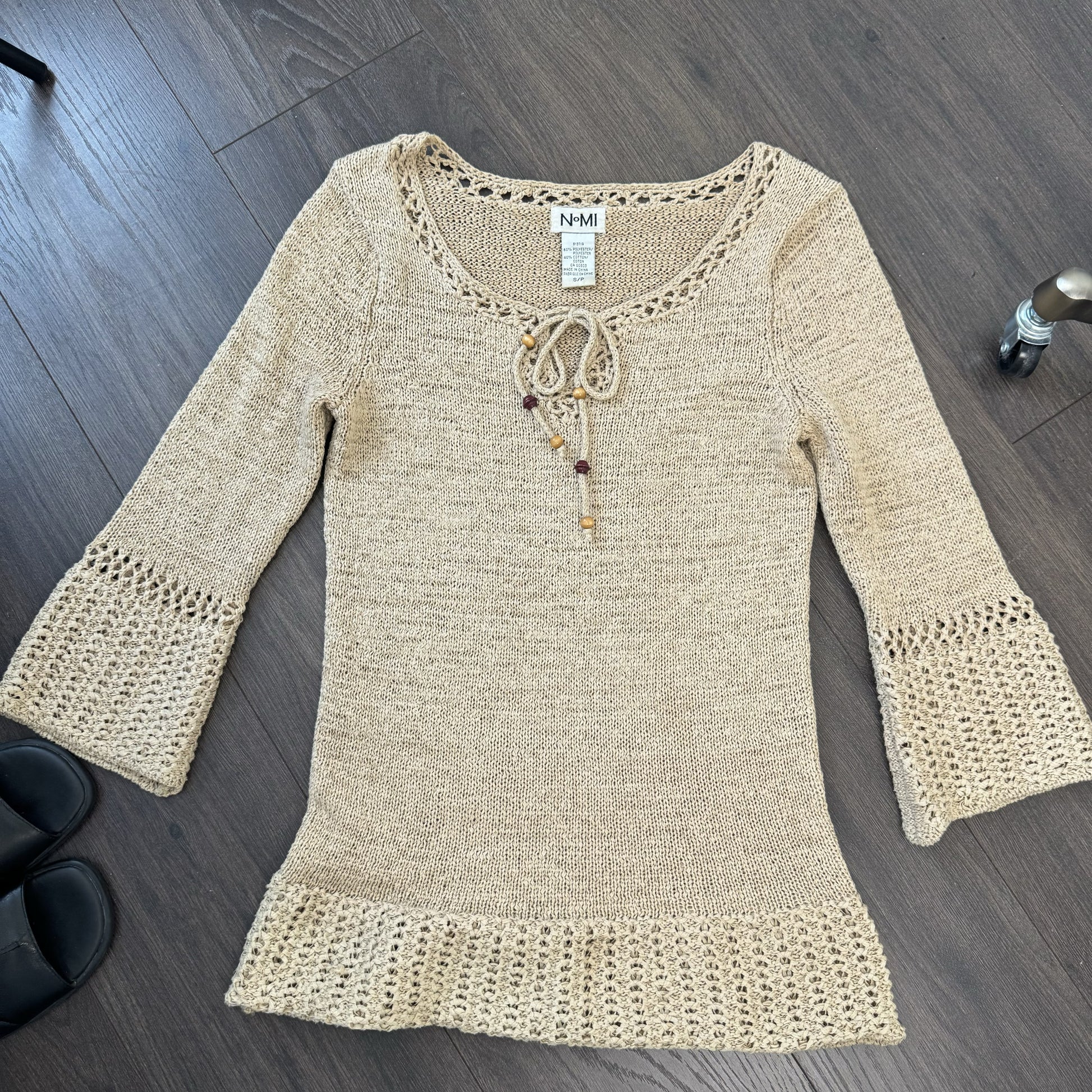 Vintage Boho Knit Top with Tie-Up Neckline and Beaded Details – view 8