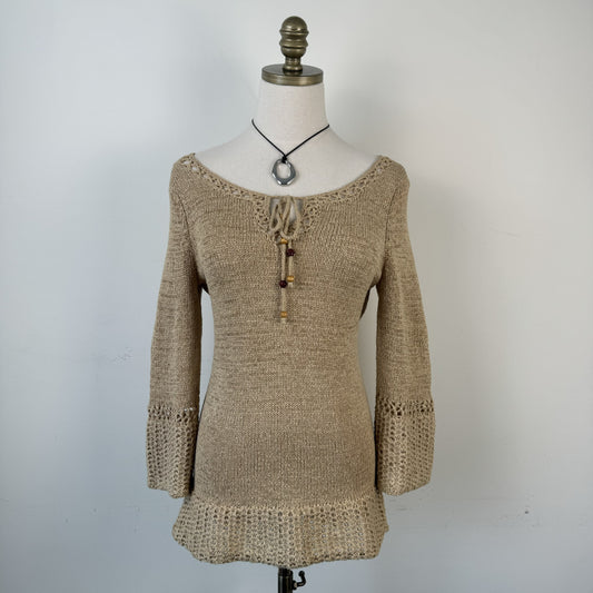 Vintage Boho Knit Top with Tie-Up Neckline and Beaded Details