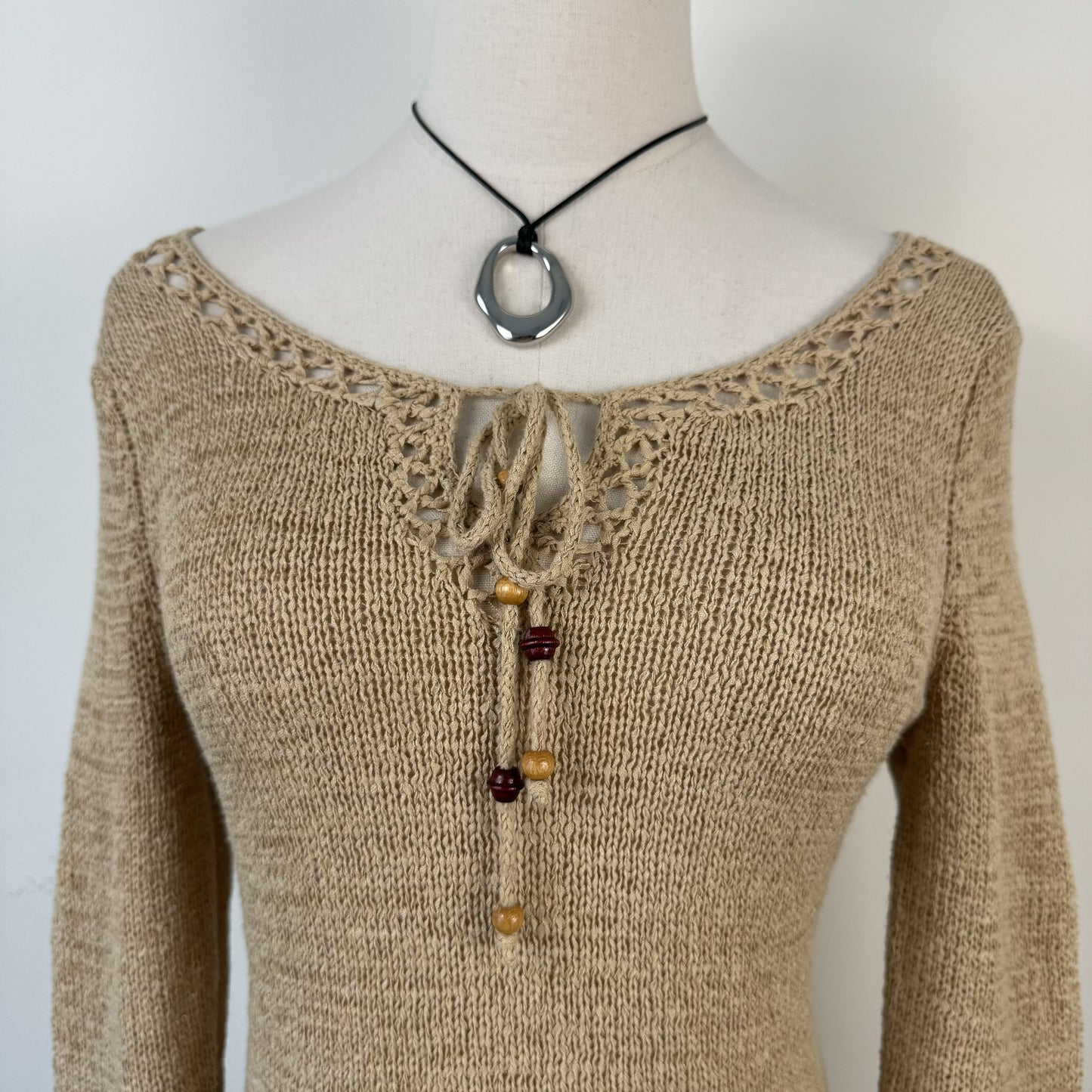 Vintage Boho Knit Top with Tie-Up Neckline and Beaded Details – view 6