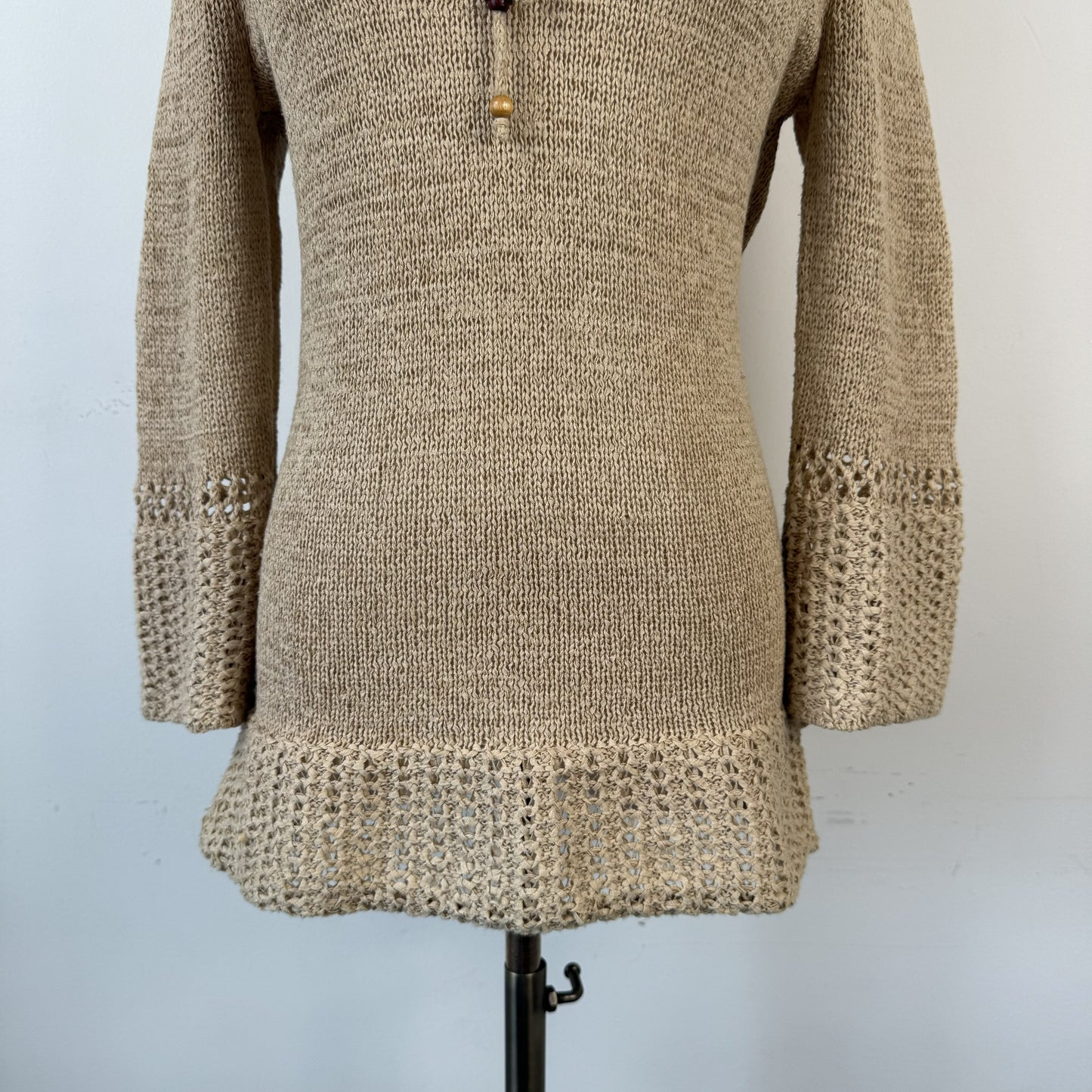 Vintage Boho Knit Top with Tie-Up Neckline and Beaded Details – view 7