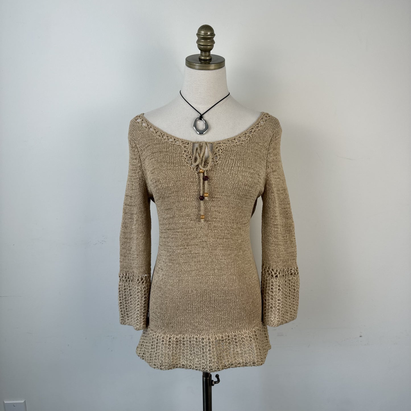 Vintage Boho Knit Top with Tie-Up Neckline and Beaded Details – view 2