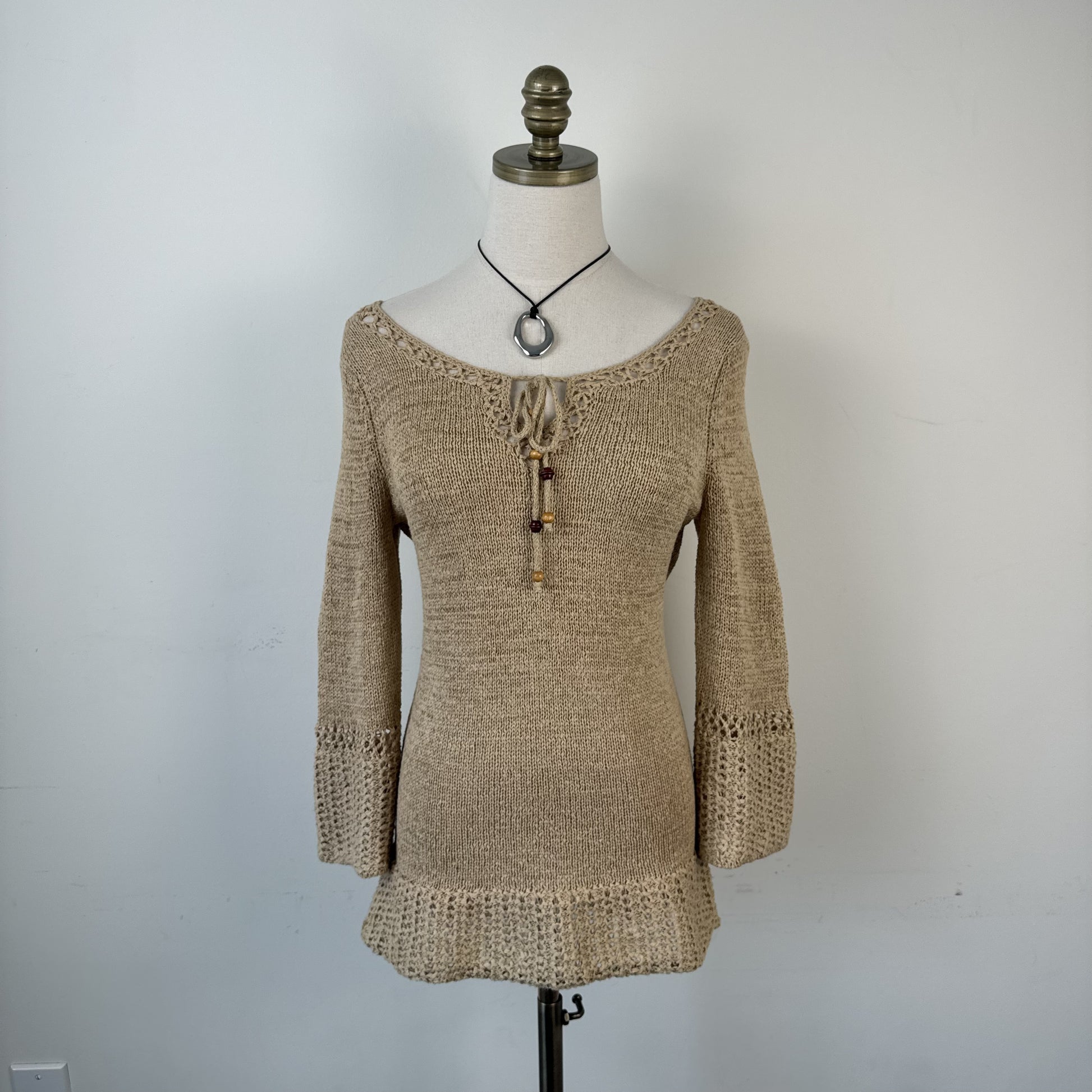 Vintage Boho Knit Top with Tie-Up Neckline and Beaded Details – view 2