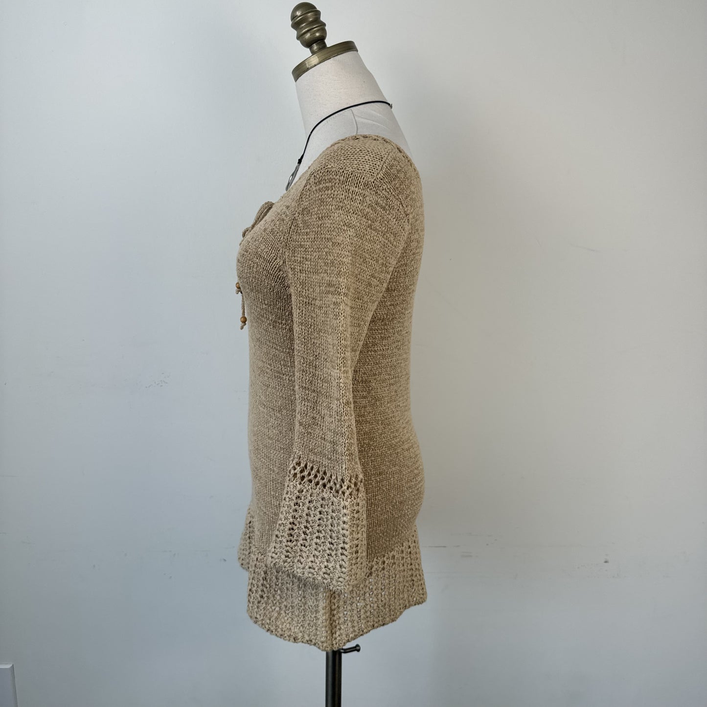 Vintage Boho Knit Top with Tie-Up Neckline and Beaded Details – view 3