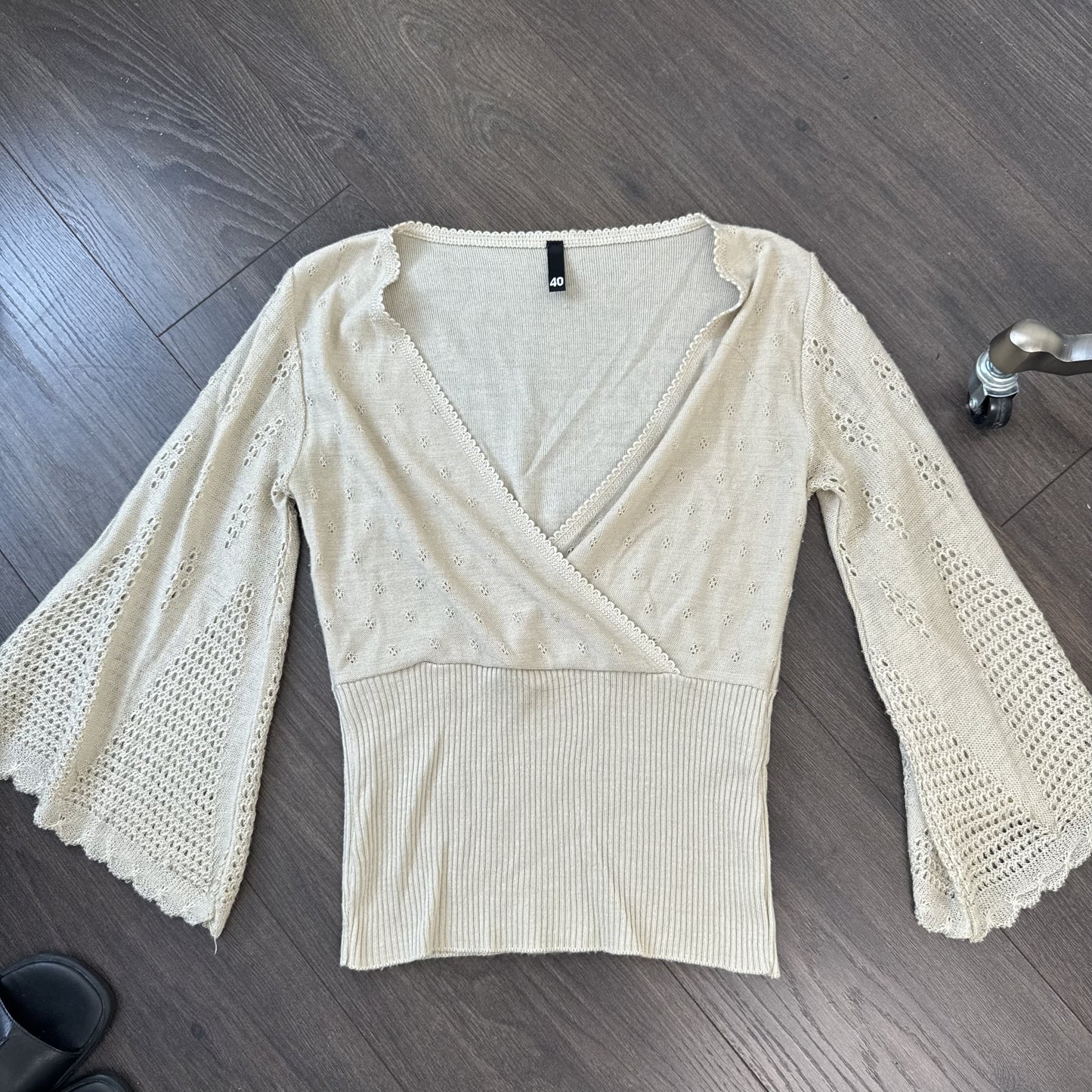 Cream Beige Knit Wrap Bust Bell Sleeve Top with Open Knit Detail – view 7