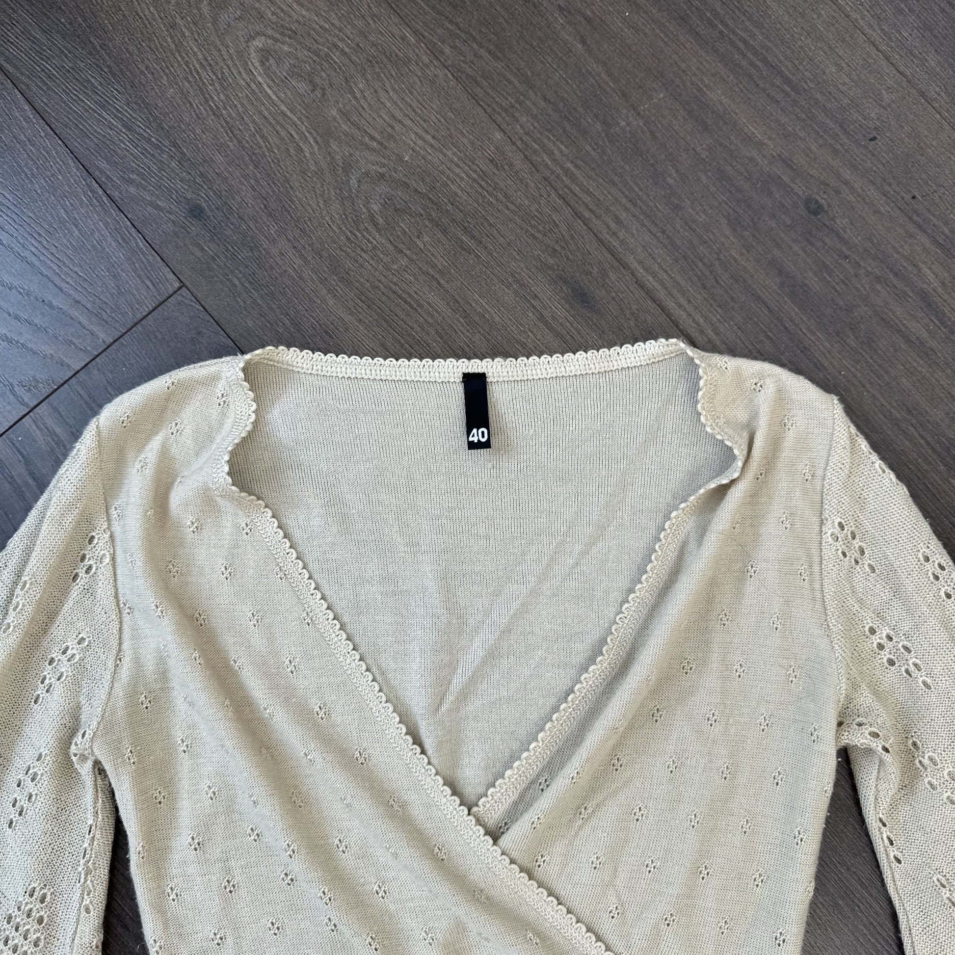 Cream Beige Knit Wrap Bust Bell Sleeve Top with Open Knit Detail – view 4