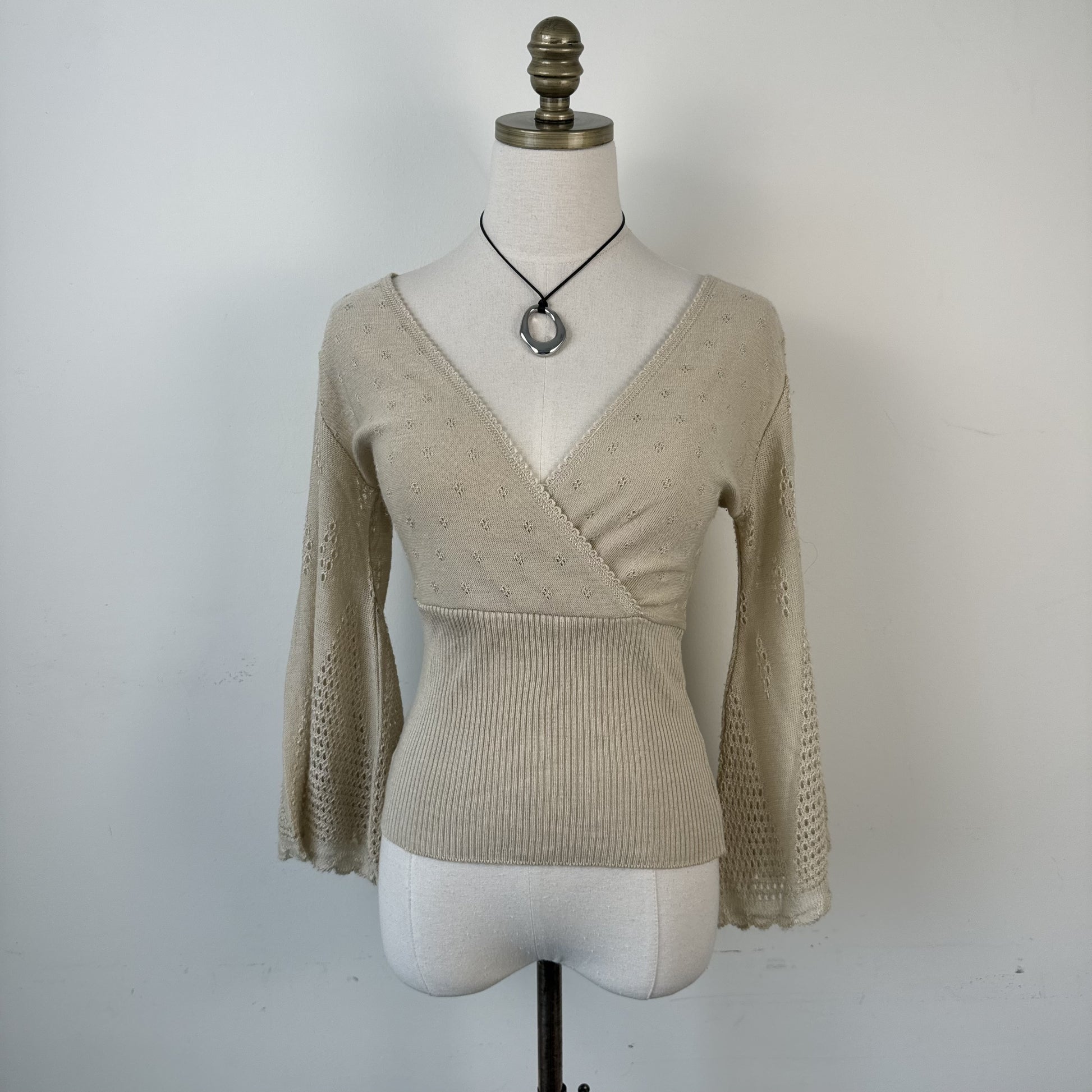 Cream Beige Knit Wrap Bust Bell Sleeve Top with Open Knit Detail