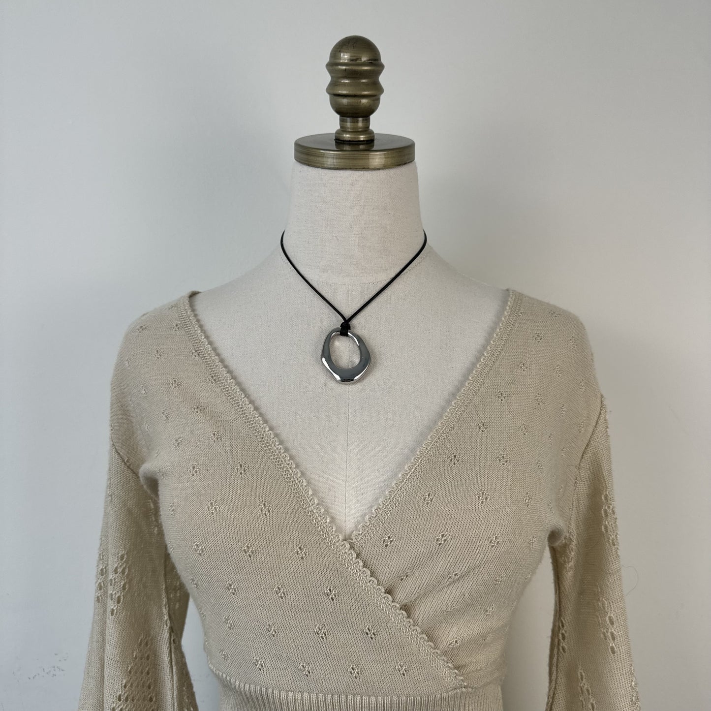 Cream Beige Knit Wrap Bust Bell Sleeve Top with Open Knit Detail – view 5