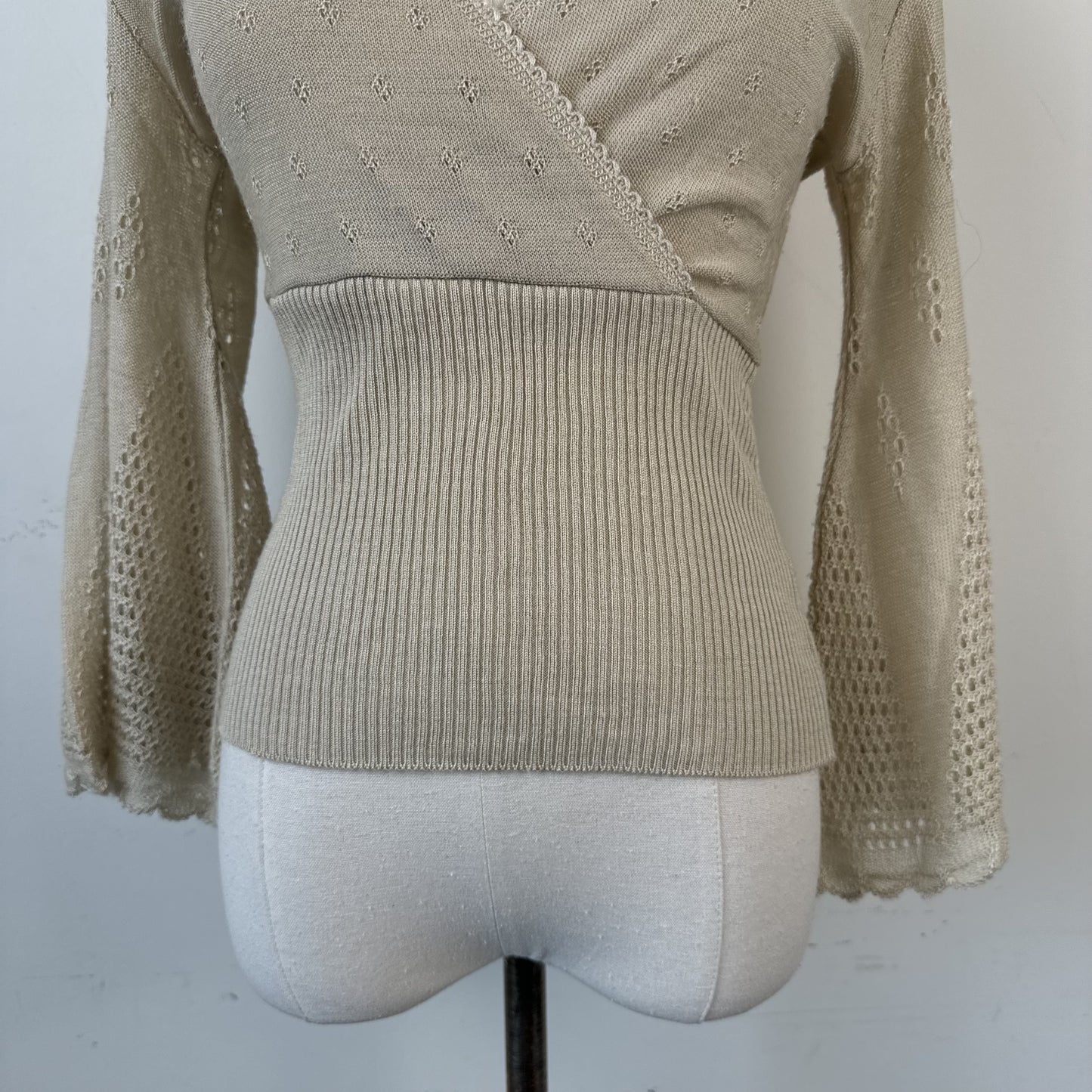 Cream Beige Knit Wrap Bust Bell Sleeve Top with Open Knit Detail – view 6