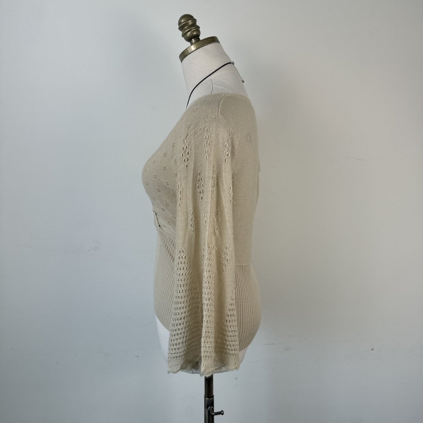 Cream Beige Knit Wrap Bust Bell Sleeve Top with Open Knit Detail – view 2