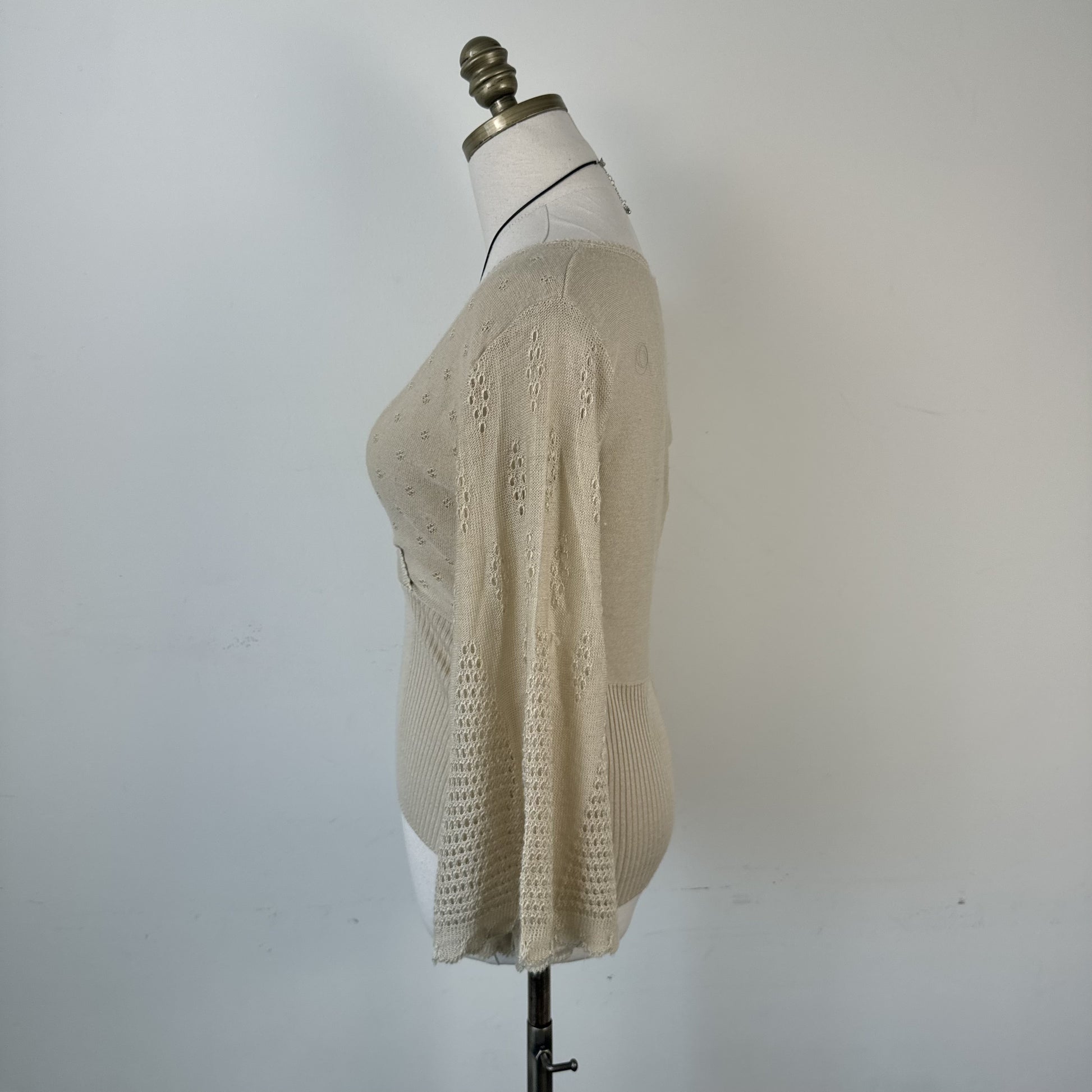 Cream Beige Knit Wrap Bust Bell Sleeve Top with Open Knit Detail – view 2