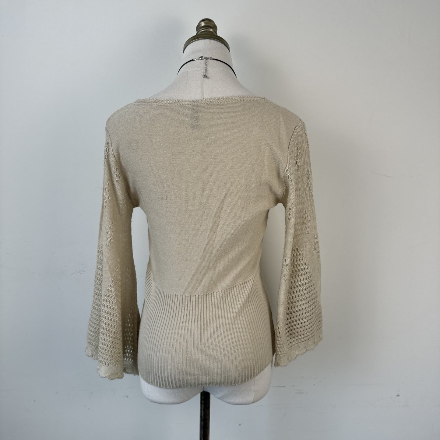 Cream Beige Knit Wrap Bust Bell Sleeve Top with Open Knit Detail – view 3