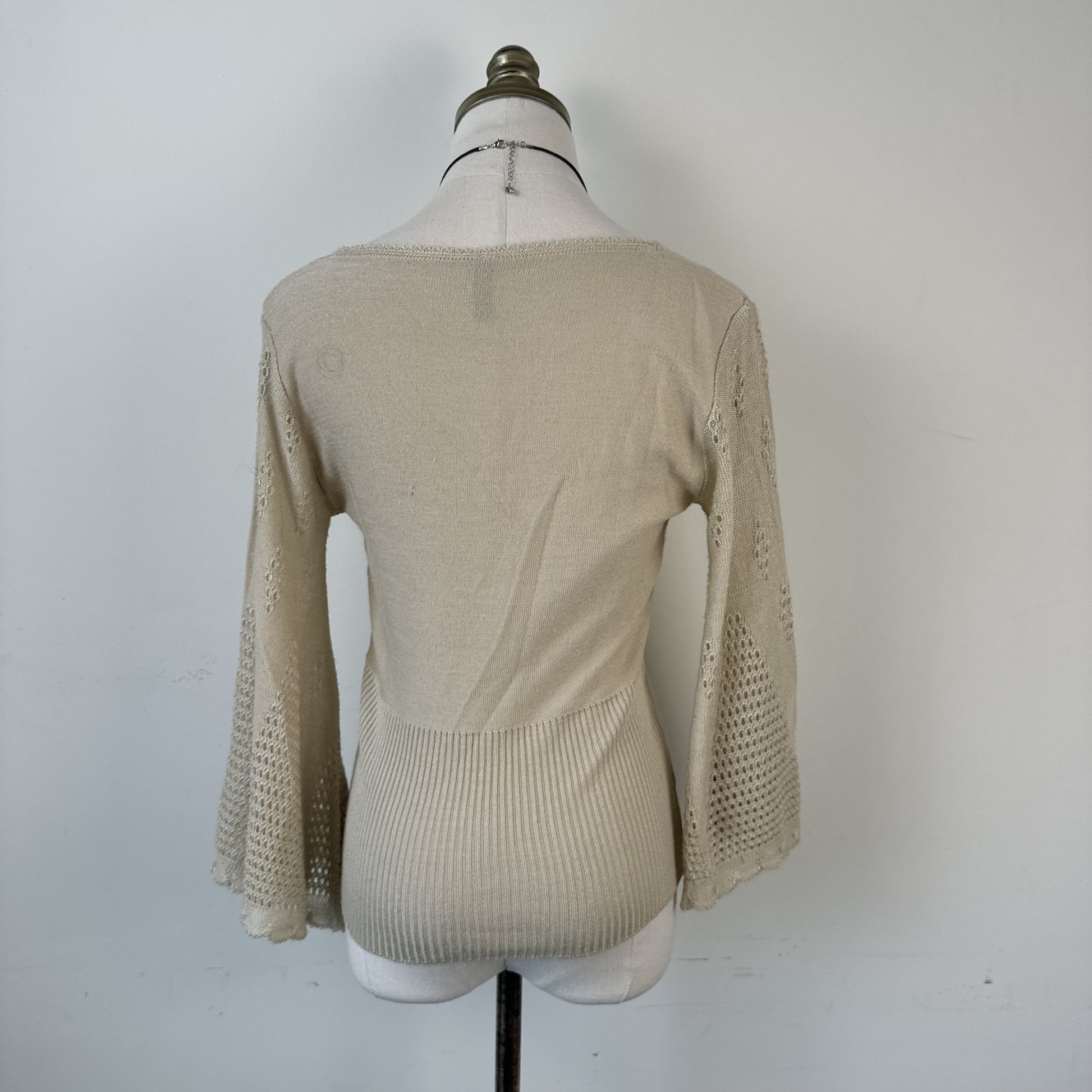 Cream Beige Knit Wrap Bust Bell Sleeve Top with Open Knit Detail – view 3