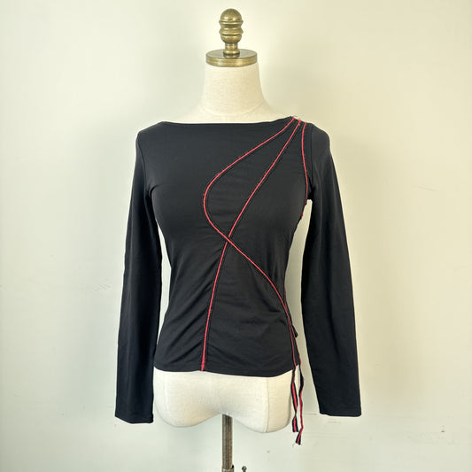 Vintage Made in Canada Black Boat Neck Fitted Top with Red Swirl Design