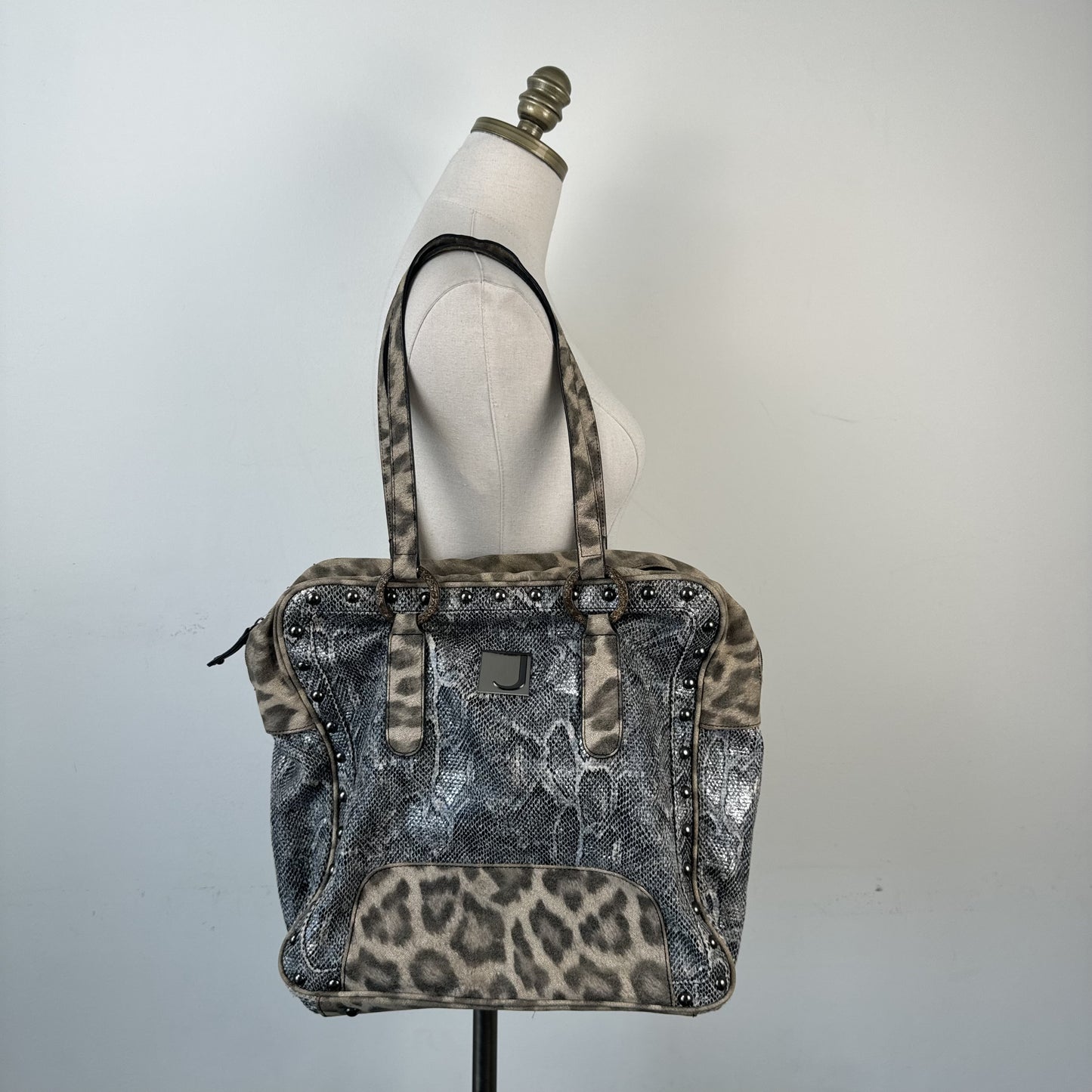 Jonael Leopard Snakeskin Print Studded Oversized Shoulder Bag