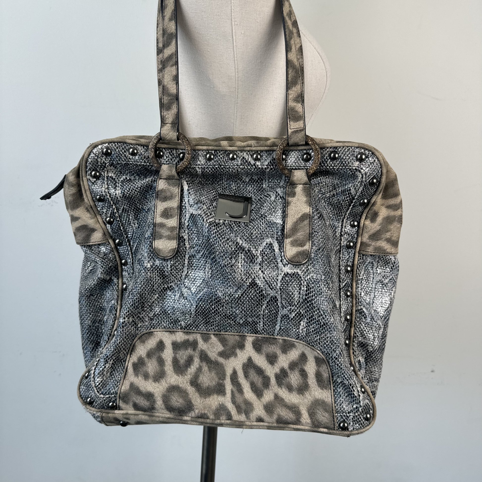 Jonael Leopard Snakeskin Print Studded Oversized Shoulder Bag – view 2