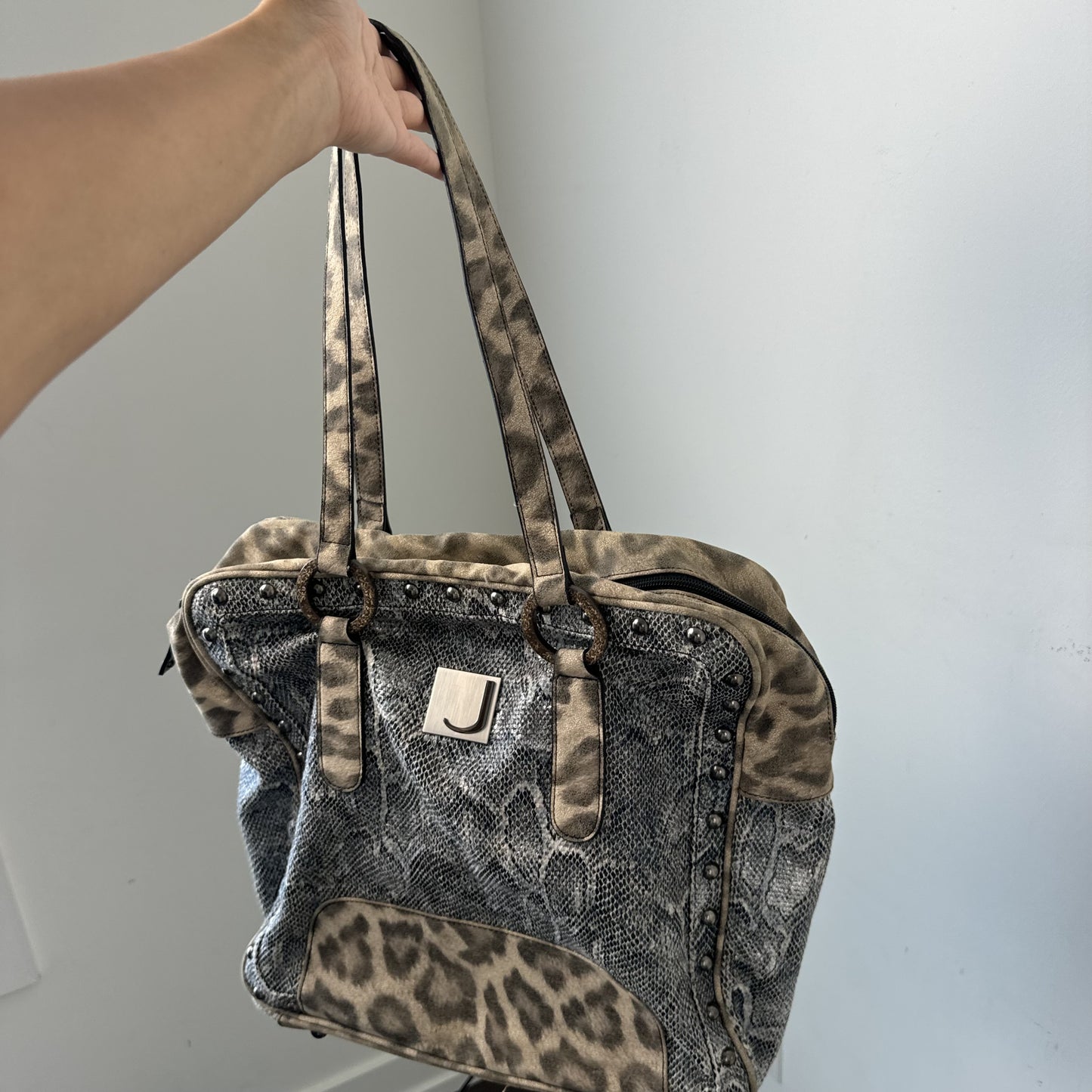 Jonael Leopard Snakeskin Print Studded Oversized Shoulder Bag – view 5