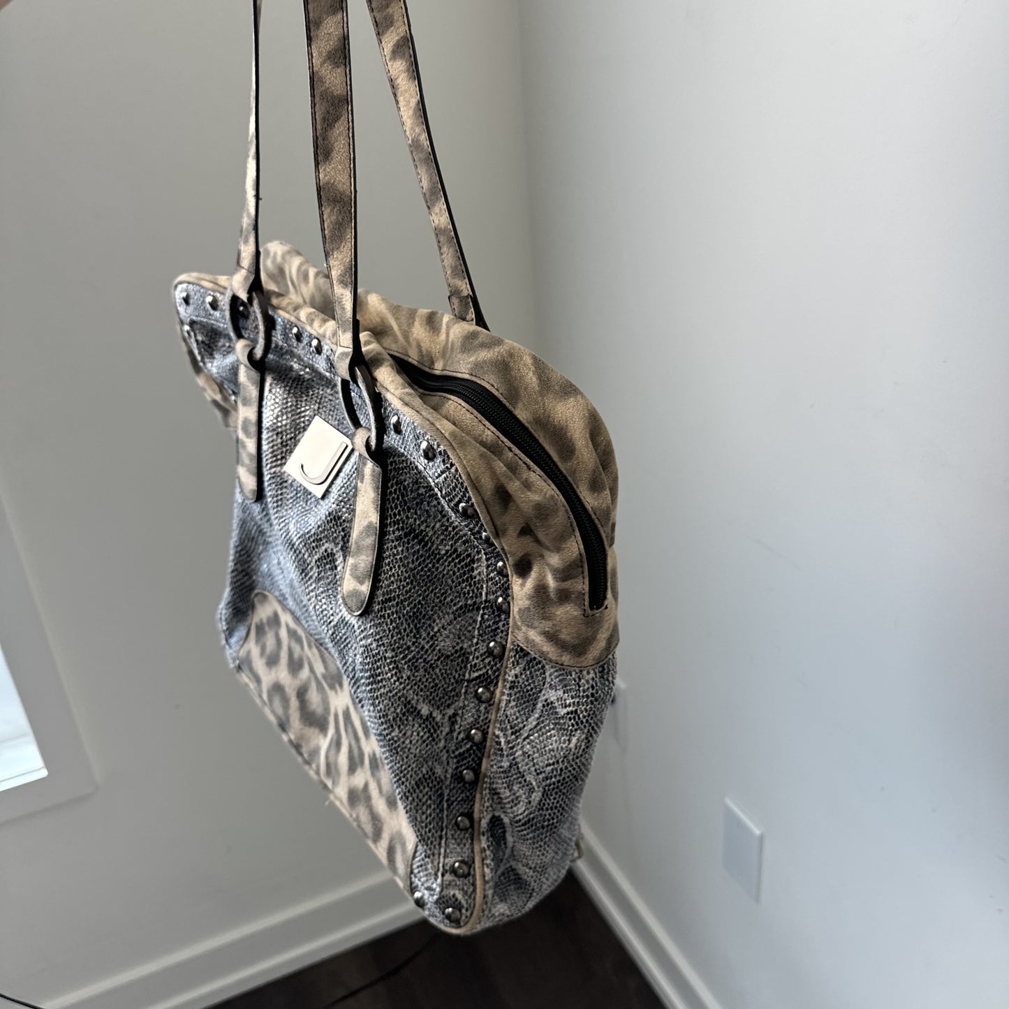 Jonael Leopard Snakeskin Print Studded Oversized Shoulder Bag – view 6
