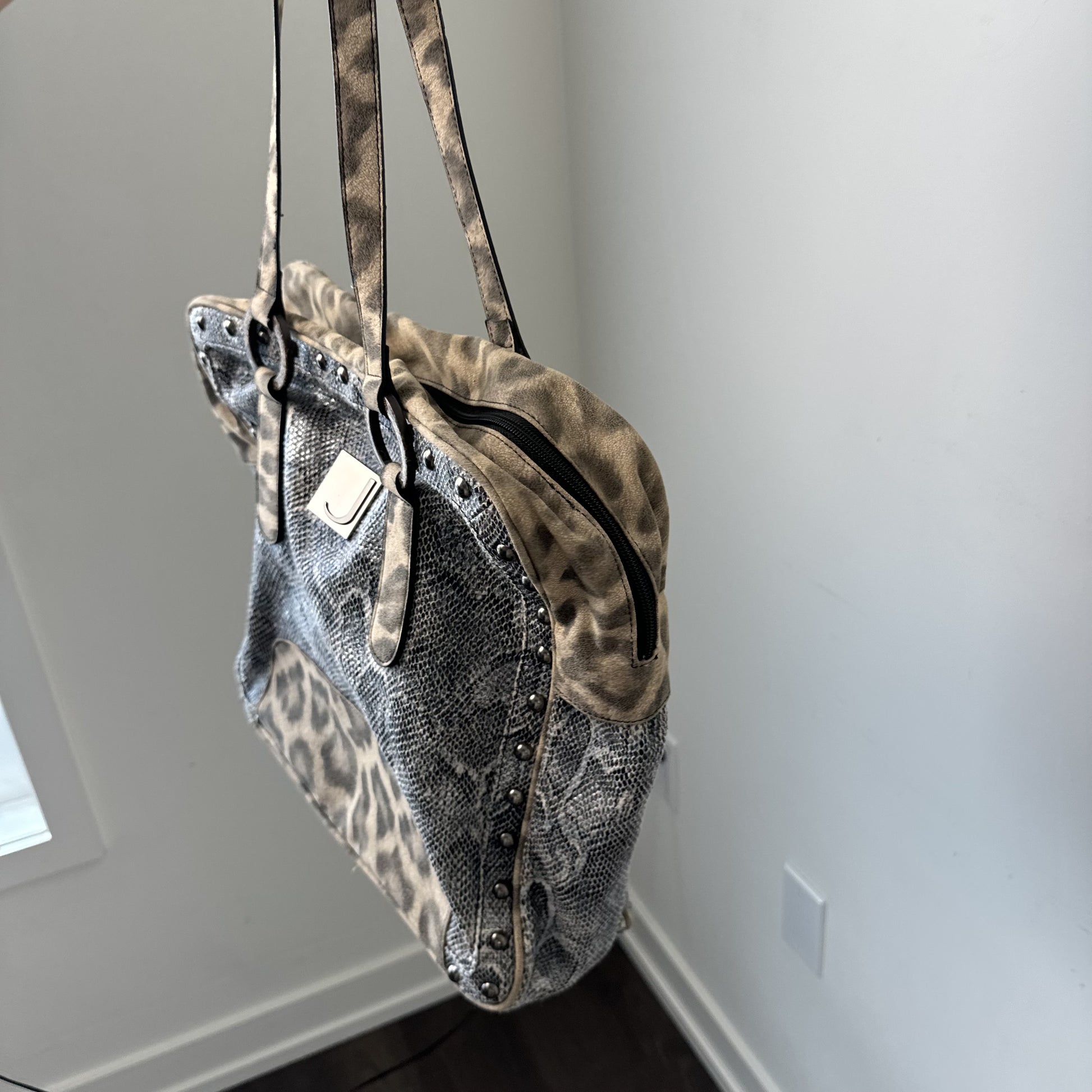 Jonael Leopard Snakeskin Print Studded Oversized Shoulder Bag – view 6