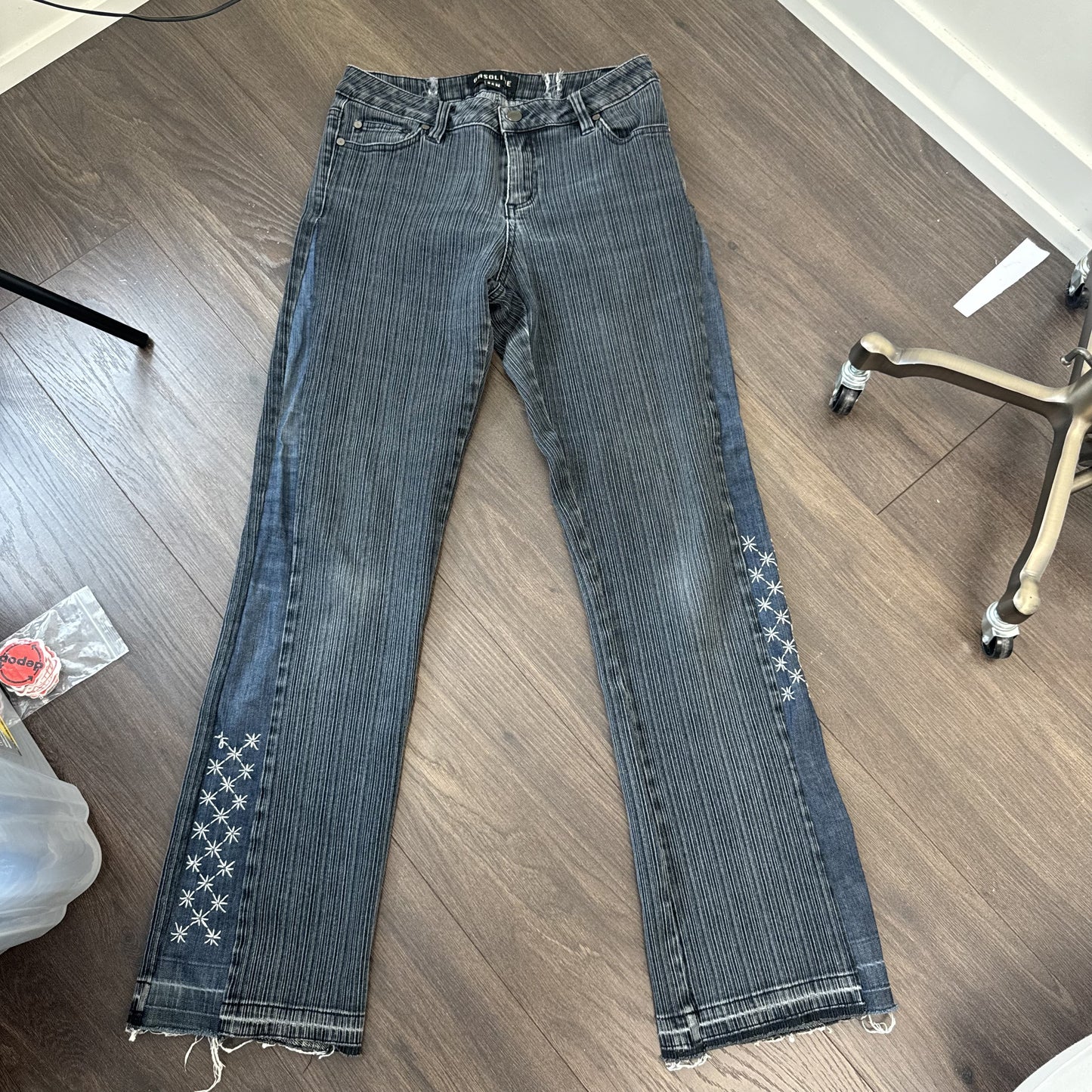 Vintage Gasoline Dark Wash Striped Bootcut Jeans with Embroidered Hem – view 8